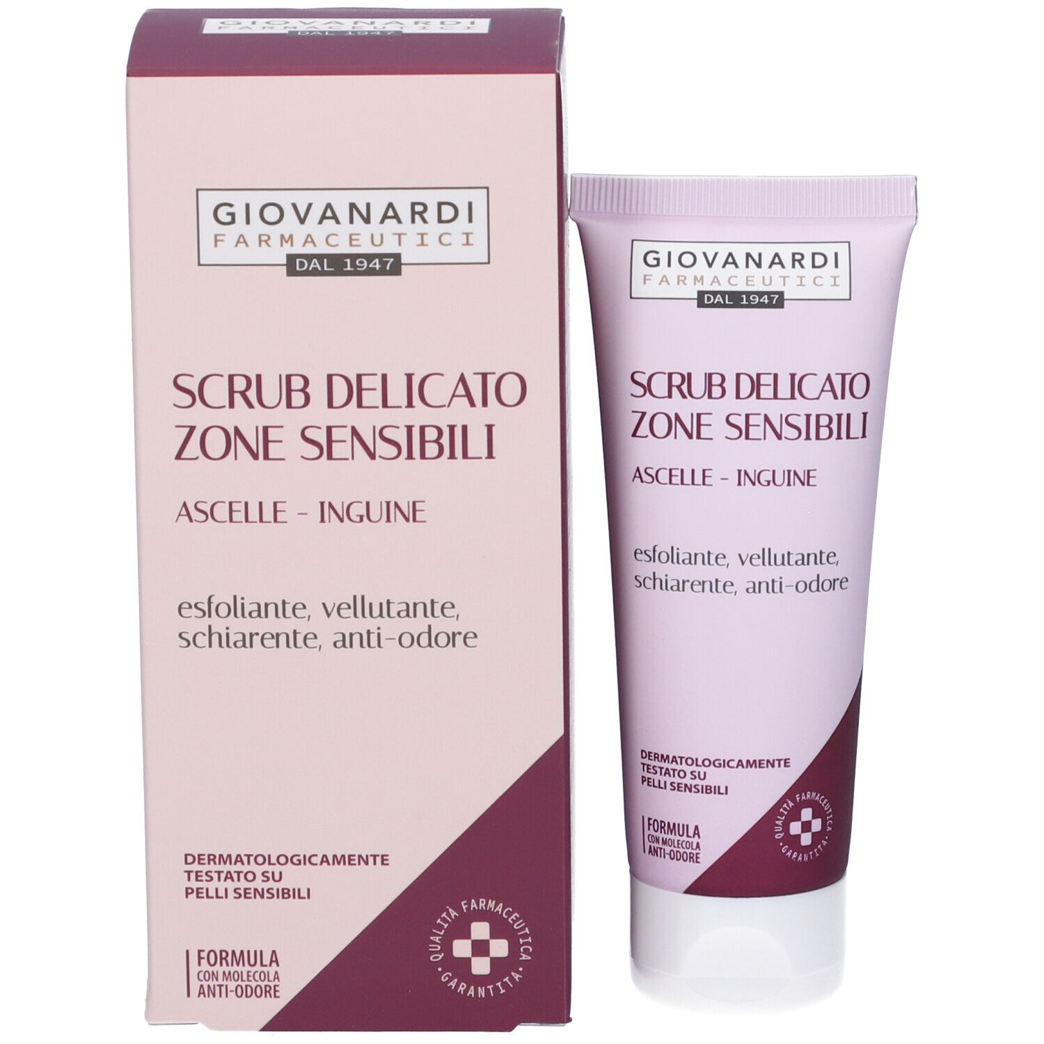 Prodotto e confezione. Tubo e scatola. Testo: Scrub Delicato Zone Sensibili, Ascelle-Inguine. Marchio: Giovanardi Farmaceutici.