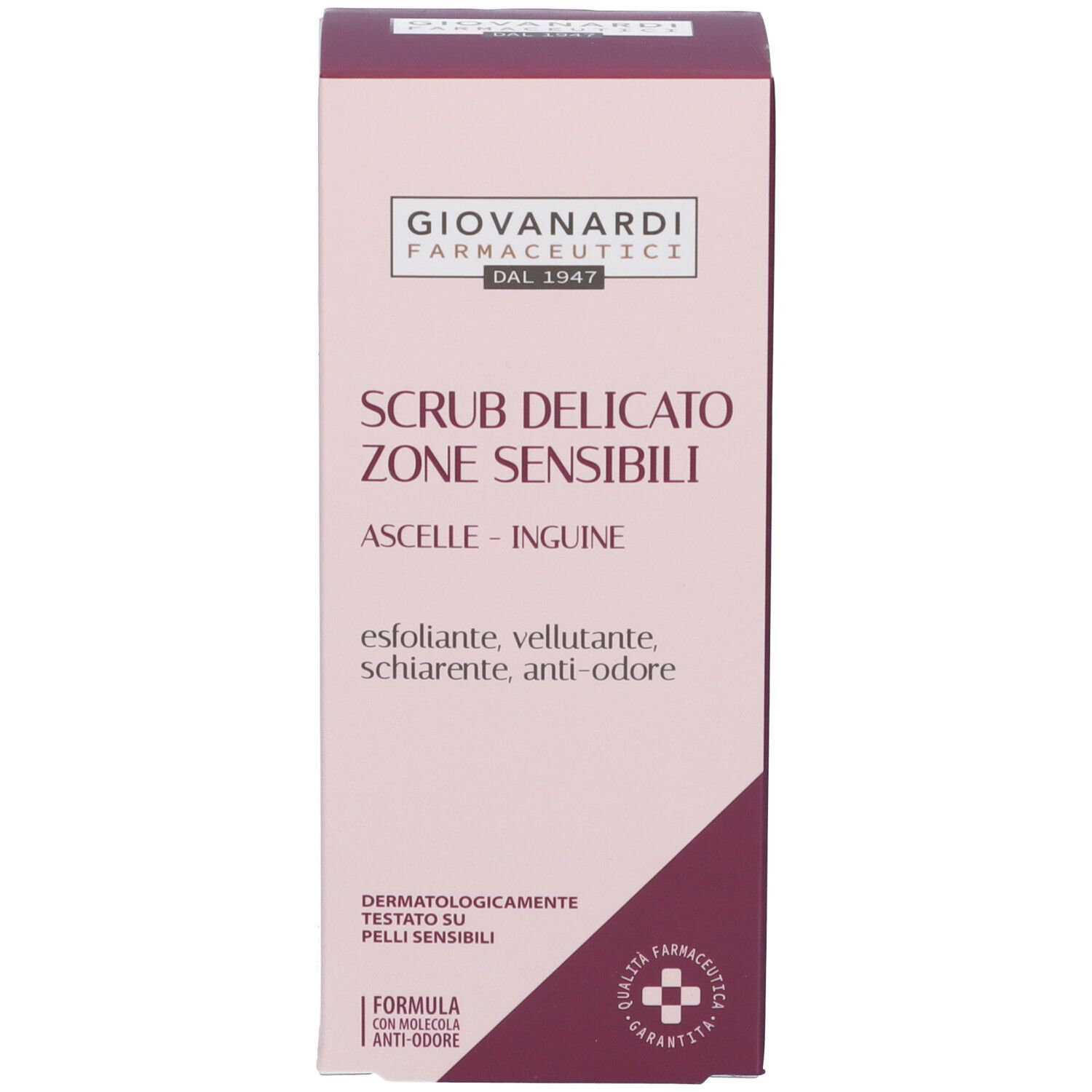 Scatola con testo. Scritto: Scrub Delicato Zone Sensibili, Ascelle-Inguine. Marchio: Giovanardi Farmaceutici.