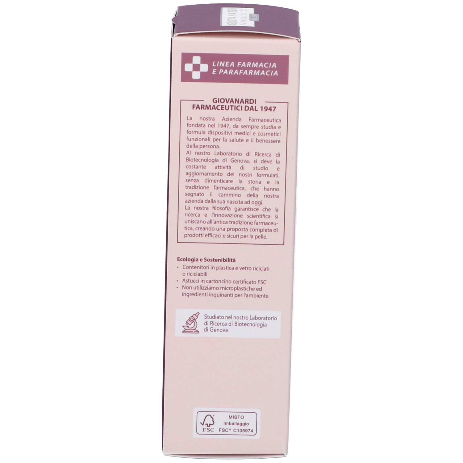 Lato della confezione. Testo: Giovanardi Farmaceutici, informazioni sull'azienda. Certificazione FSC.