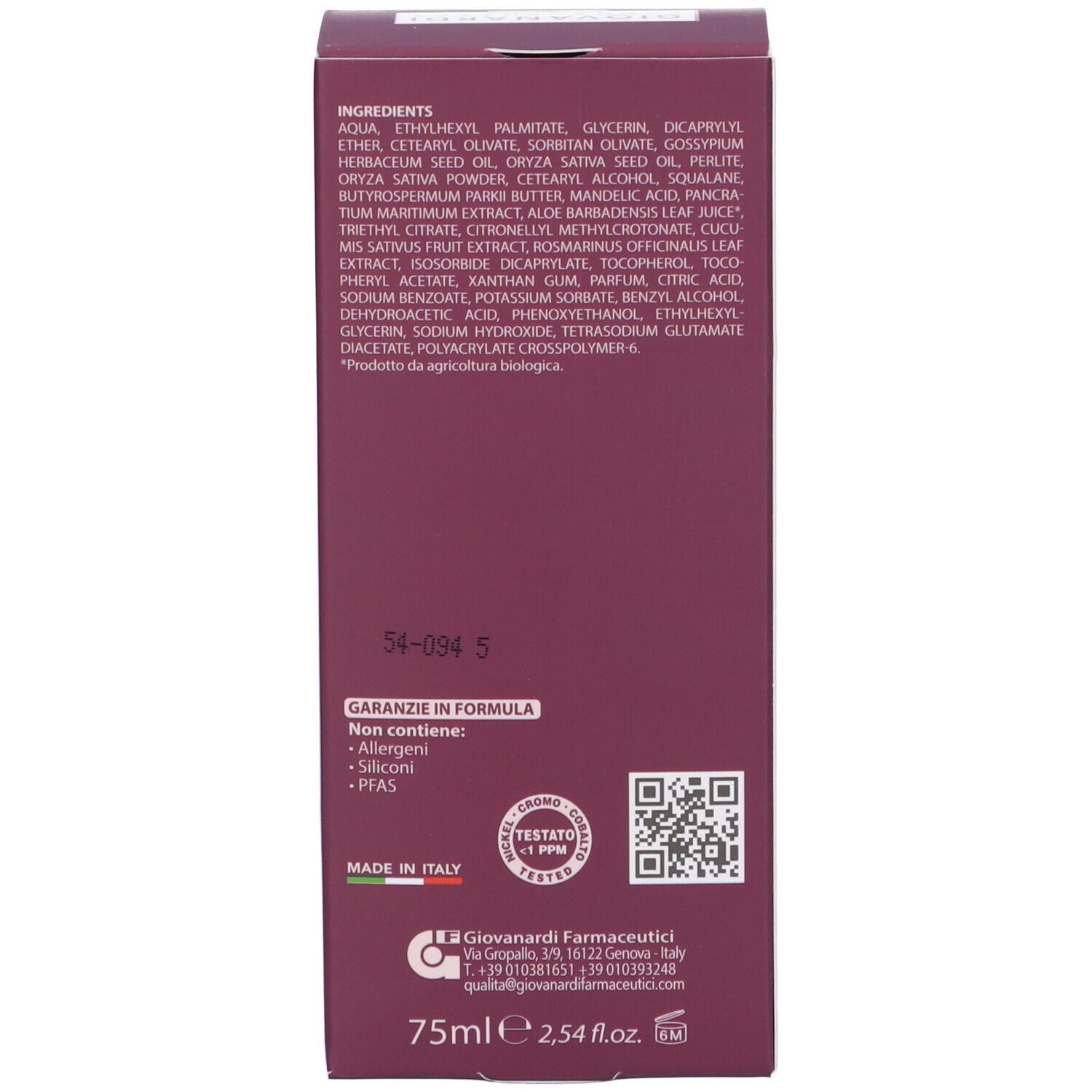 Retro della confezione. Testo: Ingredienti, garanzia, Made in Italy. Codice QR e contatti.