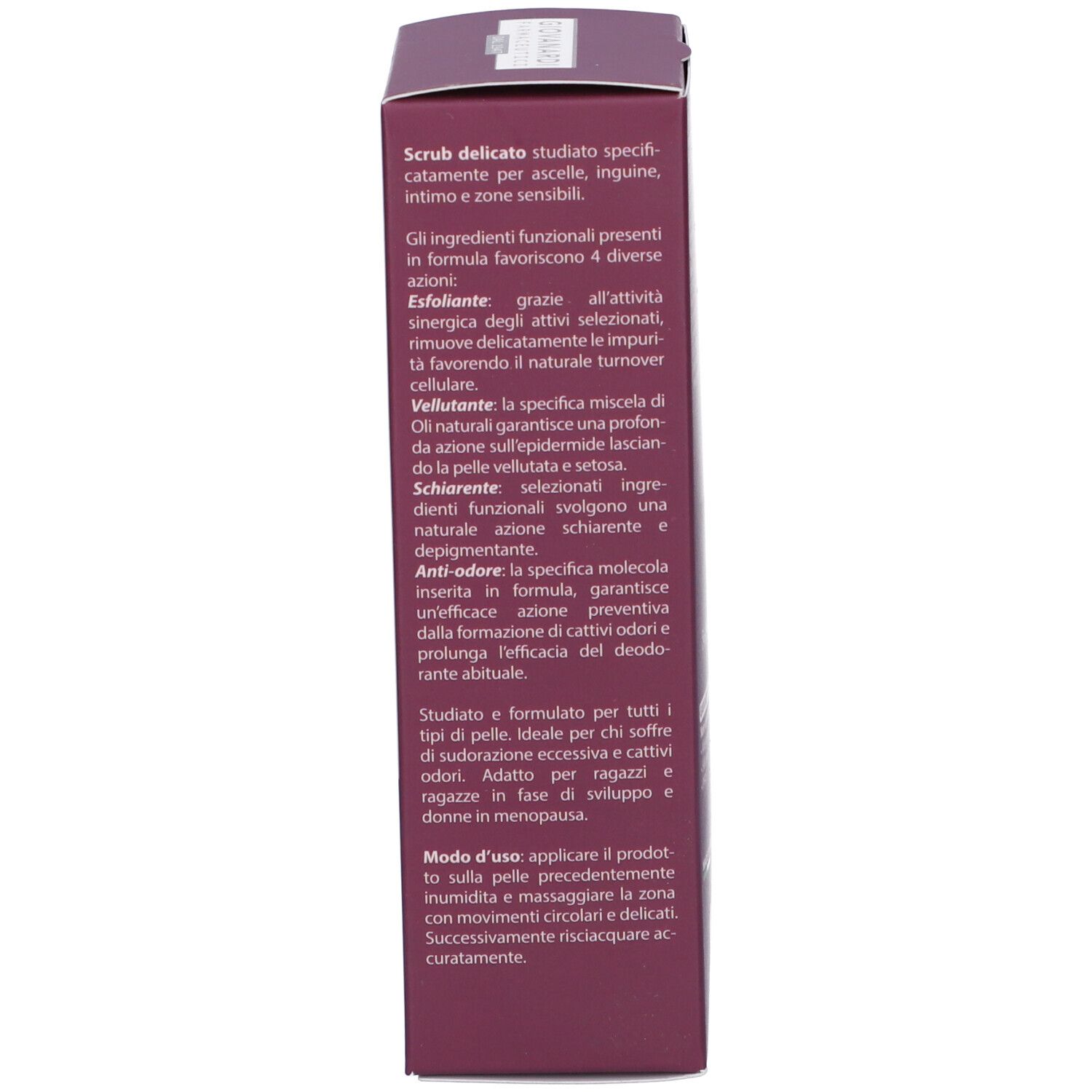 Lato della confezione. Testo: Descrizione del prodotto, istruzioni per l'uso. Marchio: Giovanardi Farmaceutici.