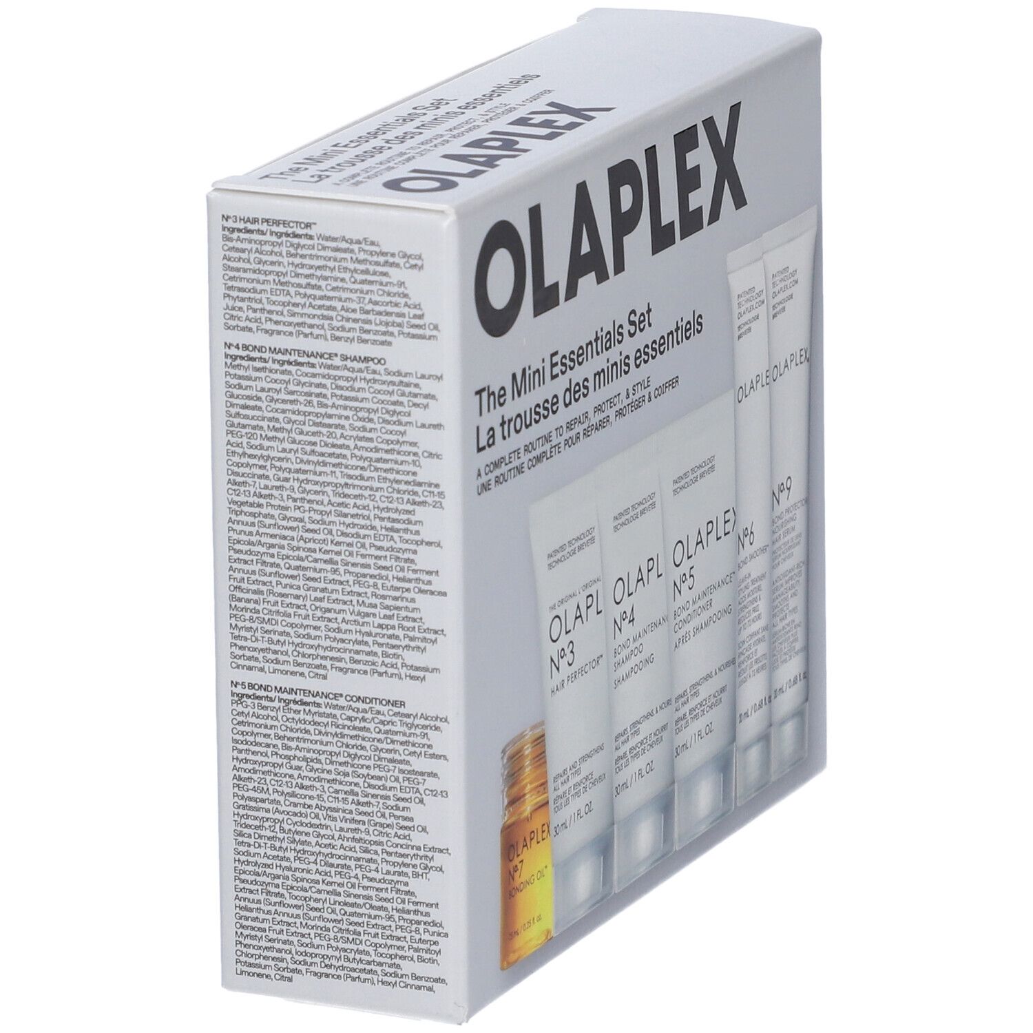 Olaplex Mini Essentials Set, vista obliqua. Scritta: Olaplex, The Mini Essentials Set. Contiene bottiglie e tubi.