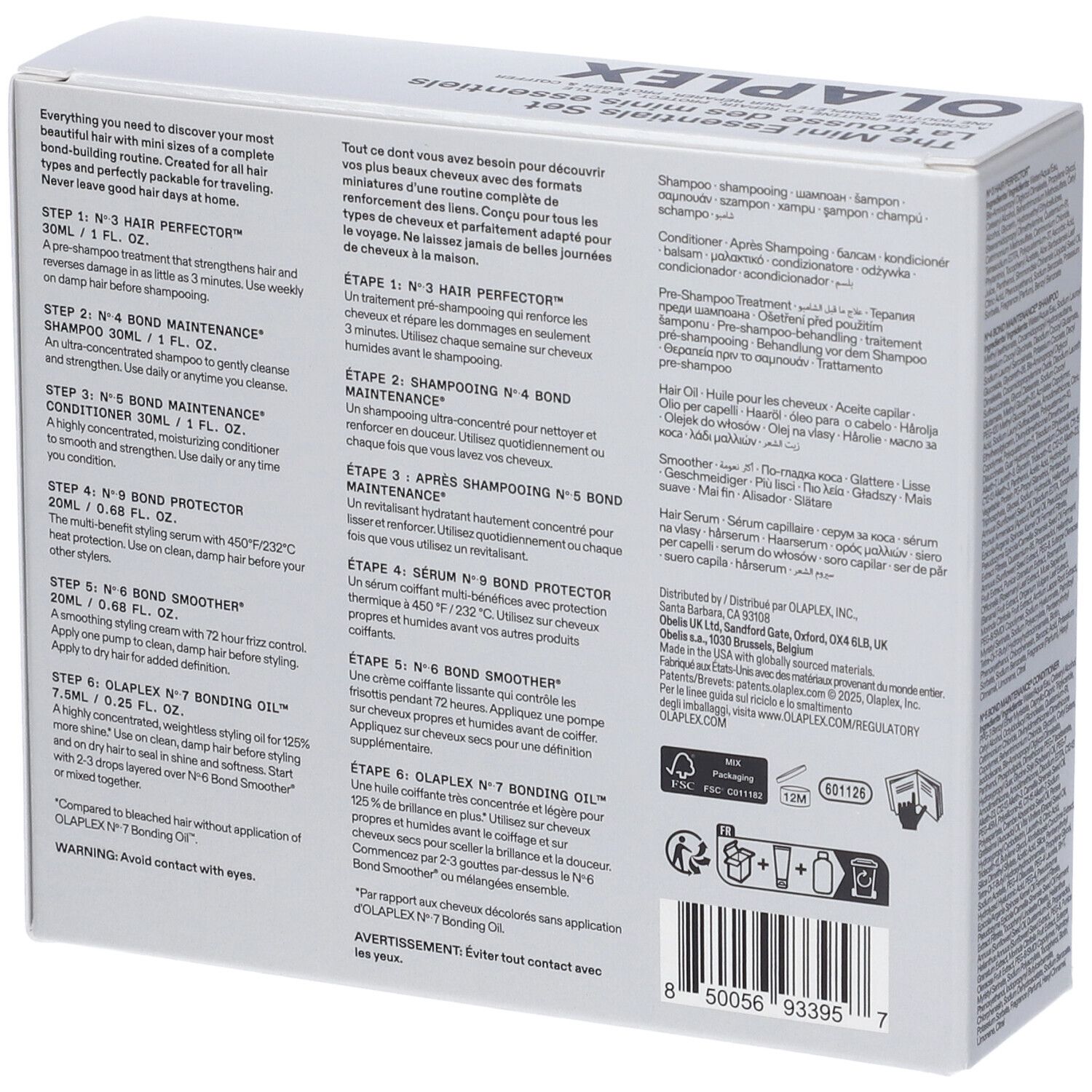 Retro della confezione Olaplex Mini Essentials Set. Testo multilingue. Contiene informazioni e istruzioni sul prodotto.