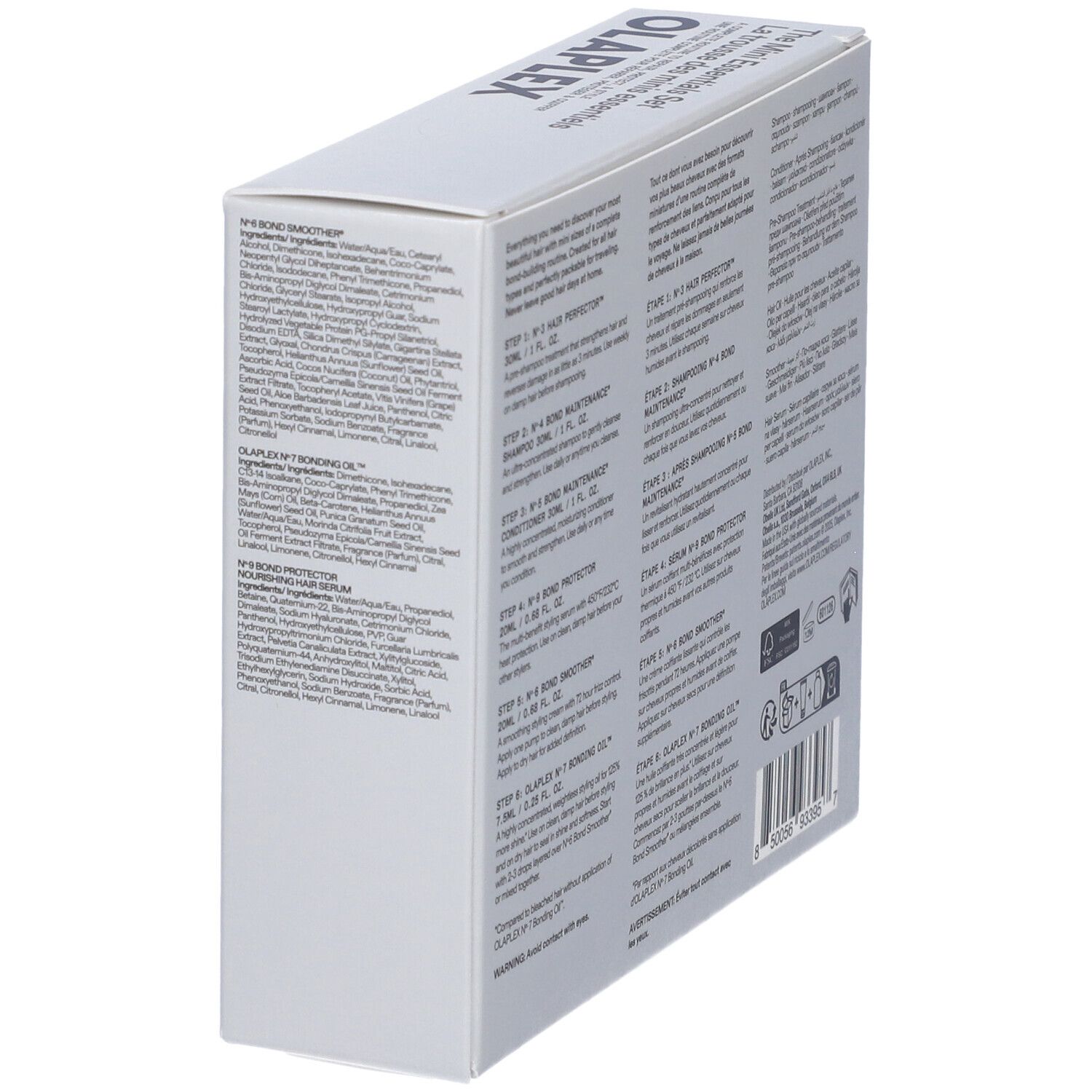 Olaplex Mini Essentials Set, vista obliqua posteriore. Testo sulla confezione. Contiene informazioni e istruzioni.