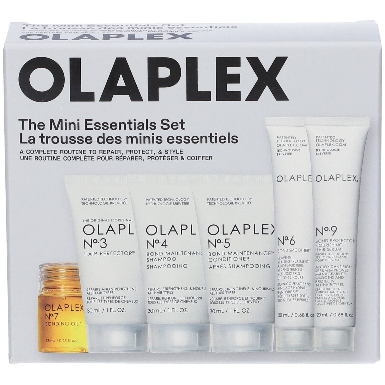 Olaplex Mini Essentials Set. Contiene bottiglie e tubi. Scritta: Olaplex, The Mini Essentials Set. Set completo per la cura dei capelli.
