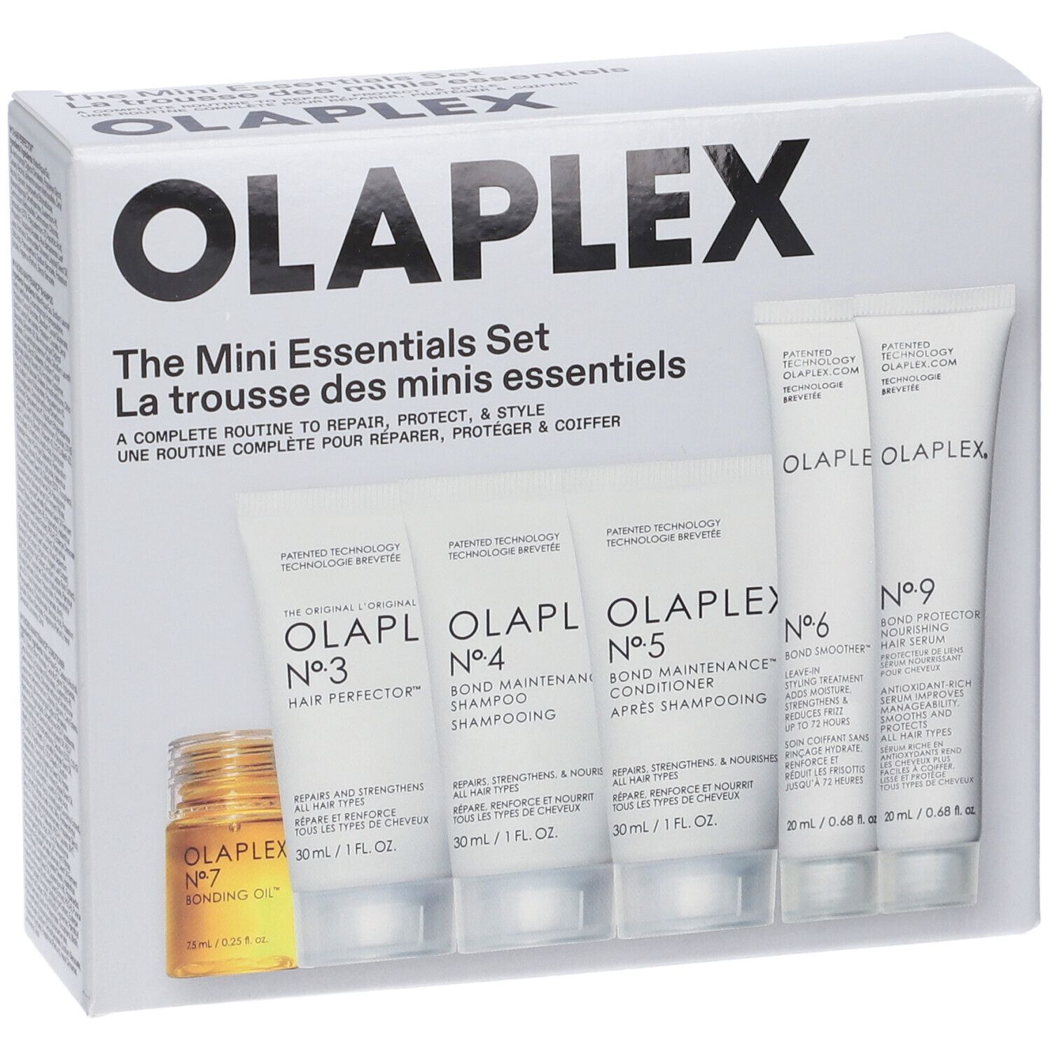Olaplex Mini Essentials Set. Contiene bottiglie e tubi. Scritta: Olaplex, The Mini Essentials Set. Set completo per la cura dei capelli.