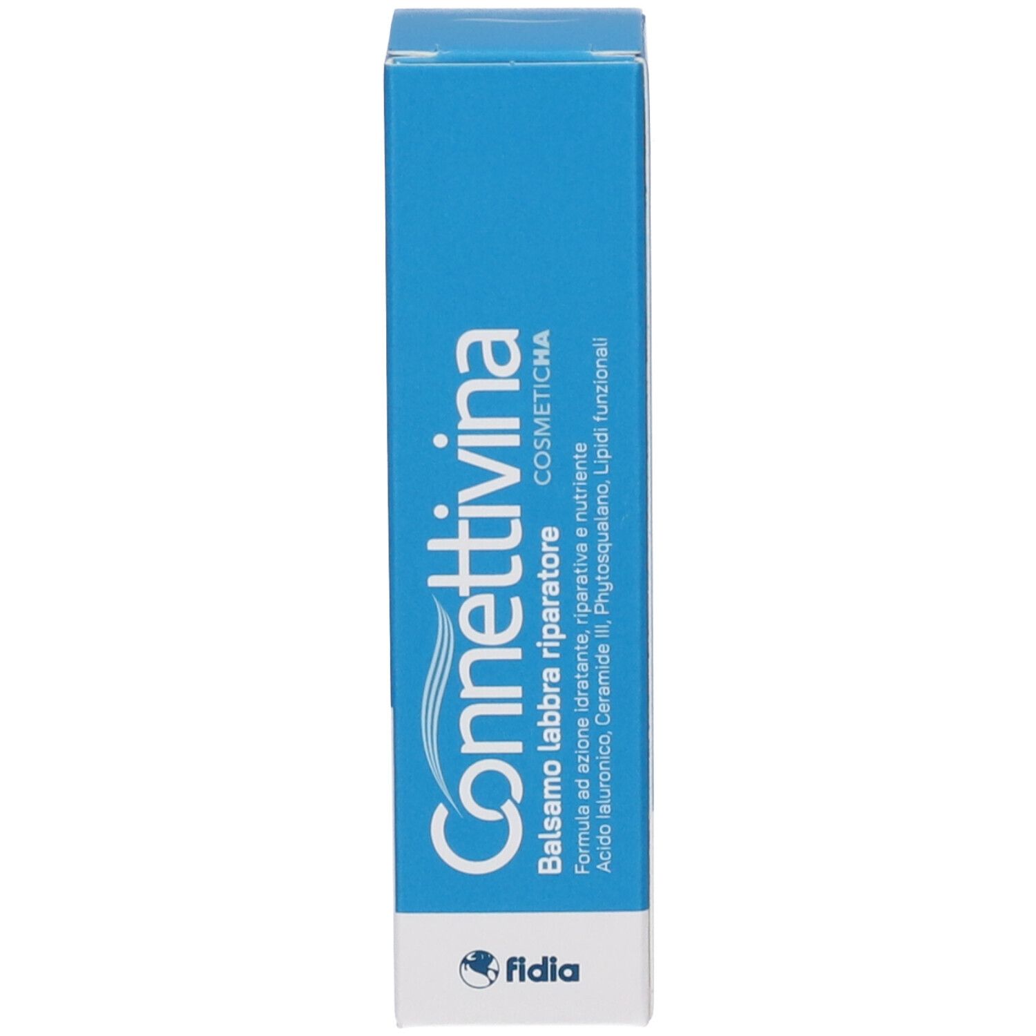 Confezione blu per Connettivina Balsamo Labbra Riparatore, con logo Fidia.