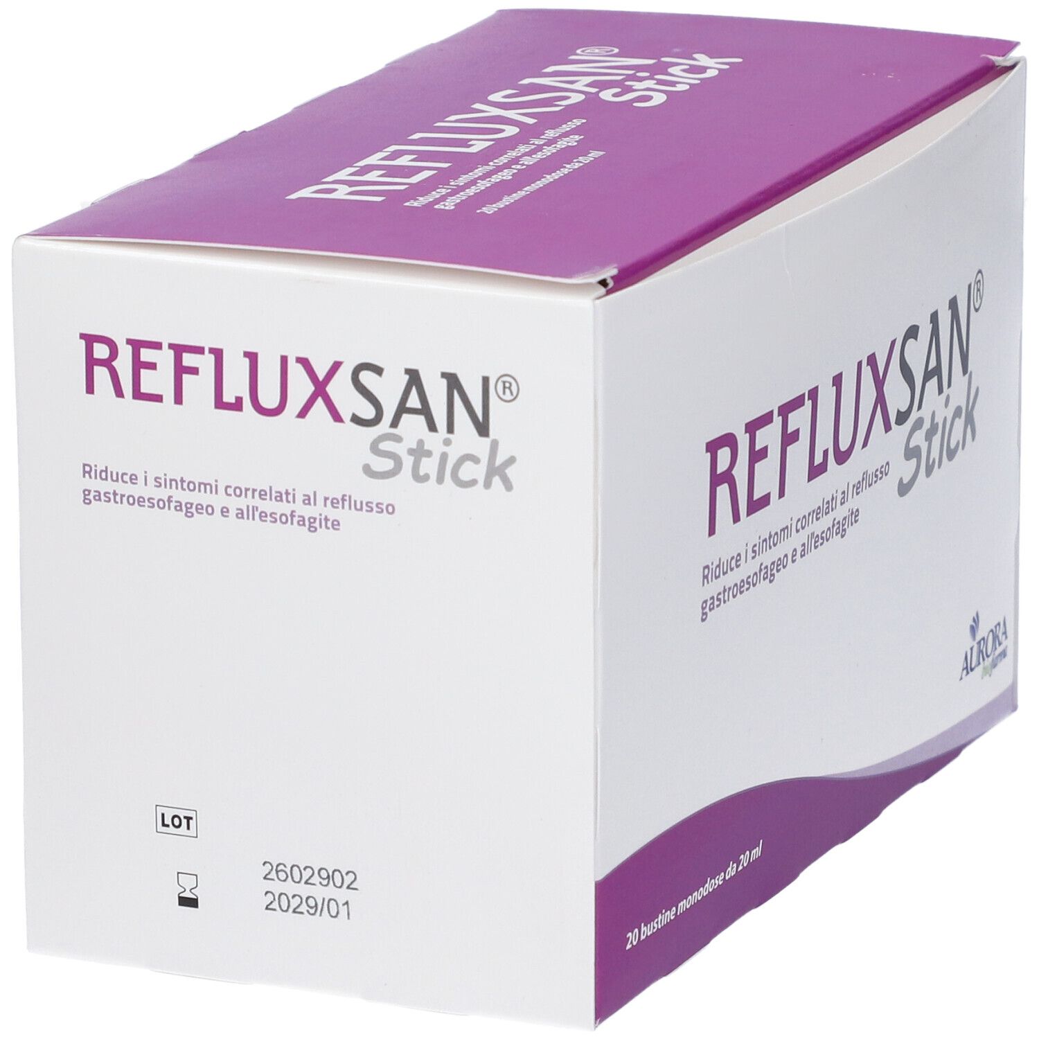 Confezione Refluxsan Stick, bianca con accenti viola, mostra il nome del prodotto, il numero di lotto e la data di scadenza.