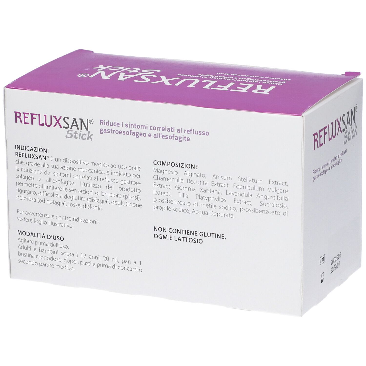 Confezione Refluxsan Stick, retro con informazioni dettagliate su indicazioni e composizione.