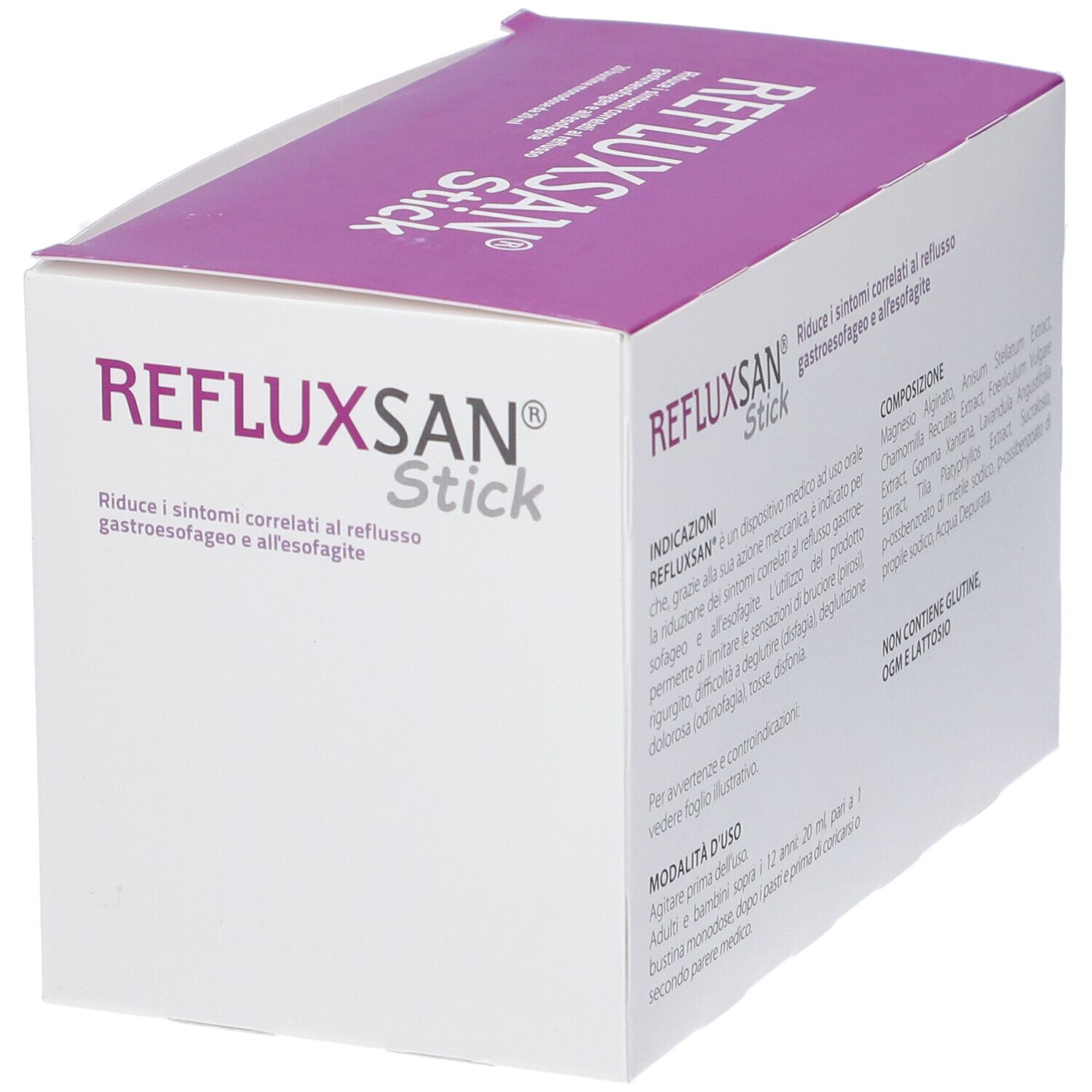 Confezione Refluxsan Stick, vista di tre quarti anteriore, bianca con accenti viola, mostra il nome del prodotto e la composizione.