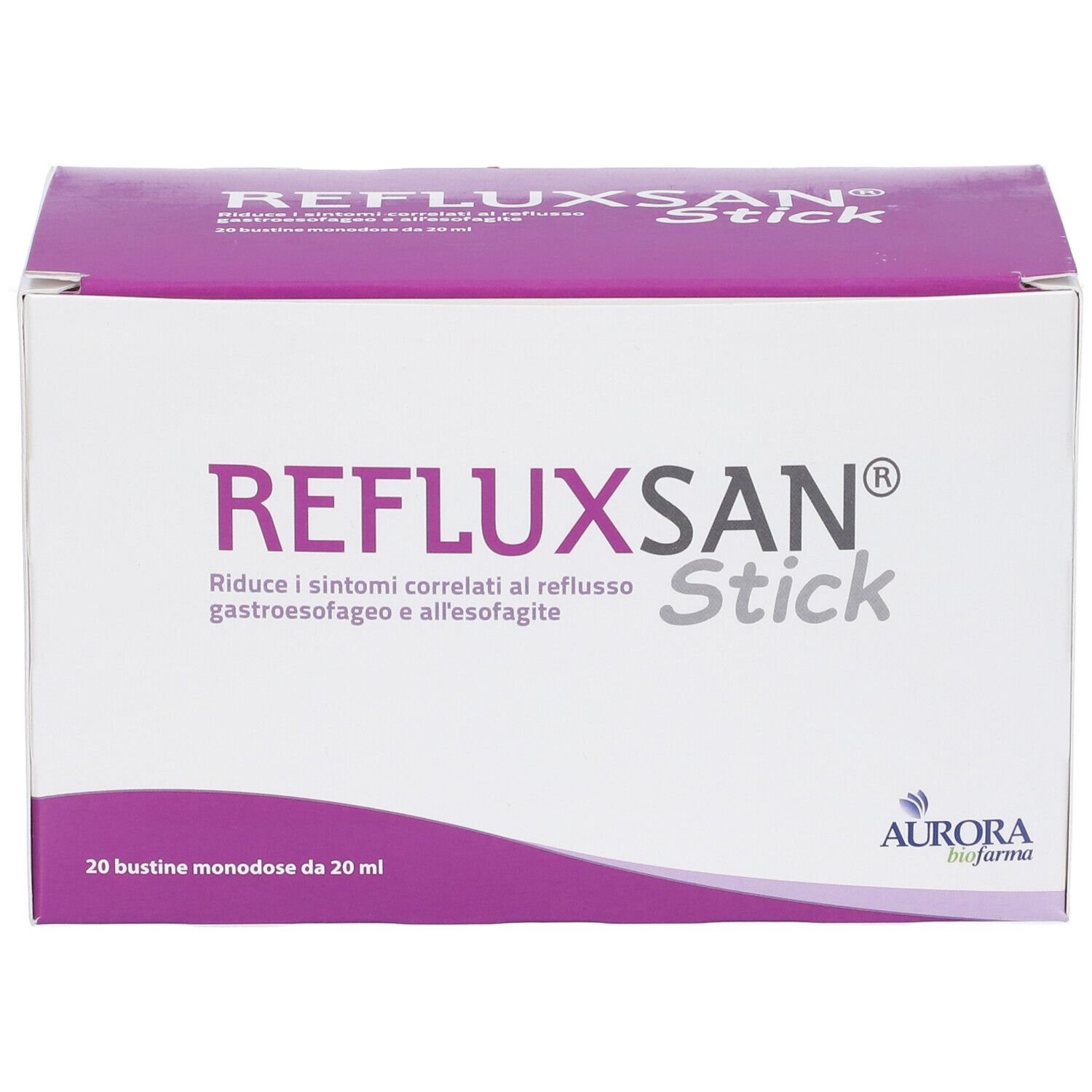 Confezione Refluxsan Stick, fronte con nome del prodotto, descrizione e logo Aurora Biofarma.