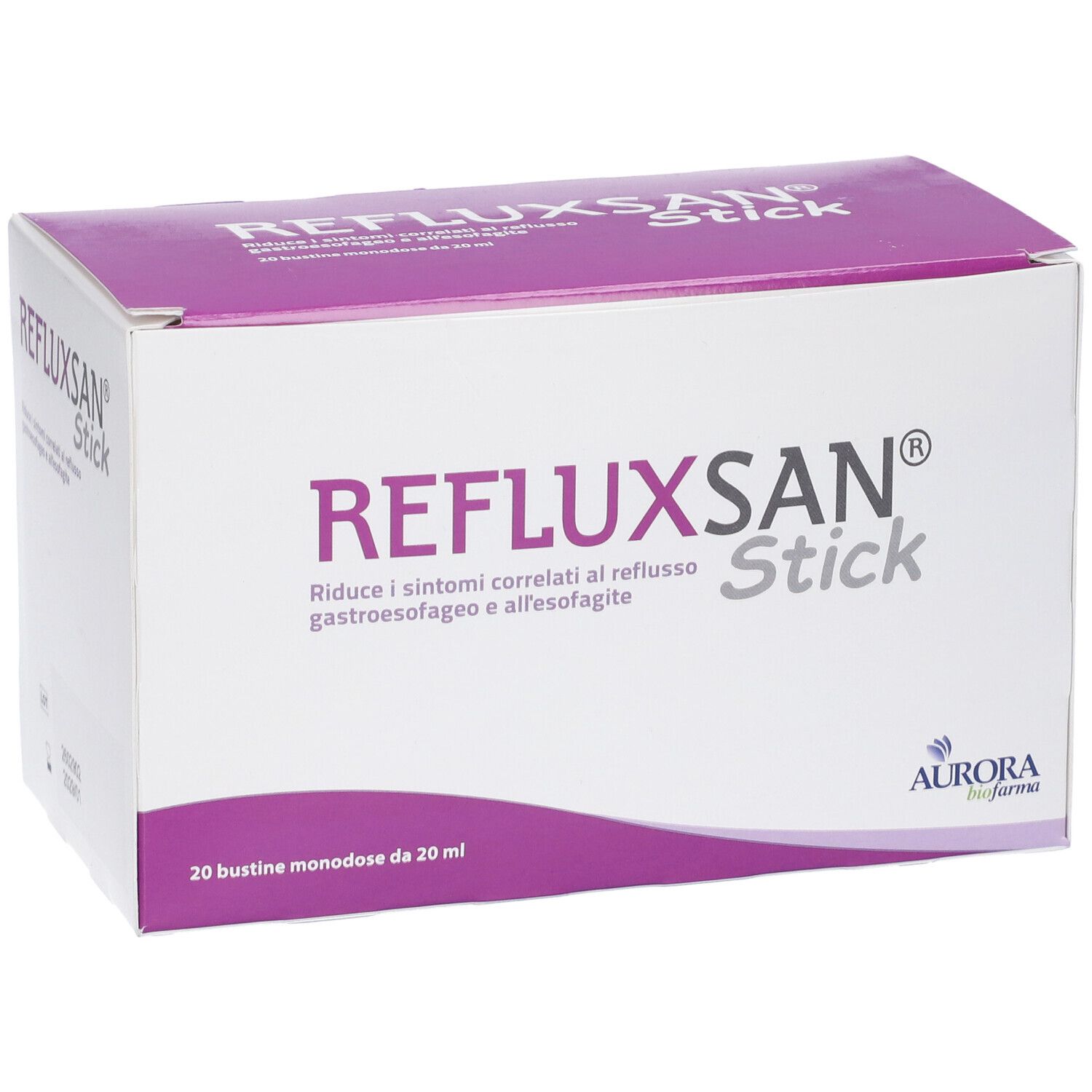 Confezione Refluxsan Stick, leggermente inclinata, bianca con accenti viola, mostra il nome del prodotto e 20 bustine da 20 ml.