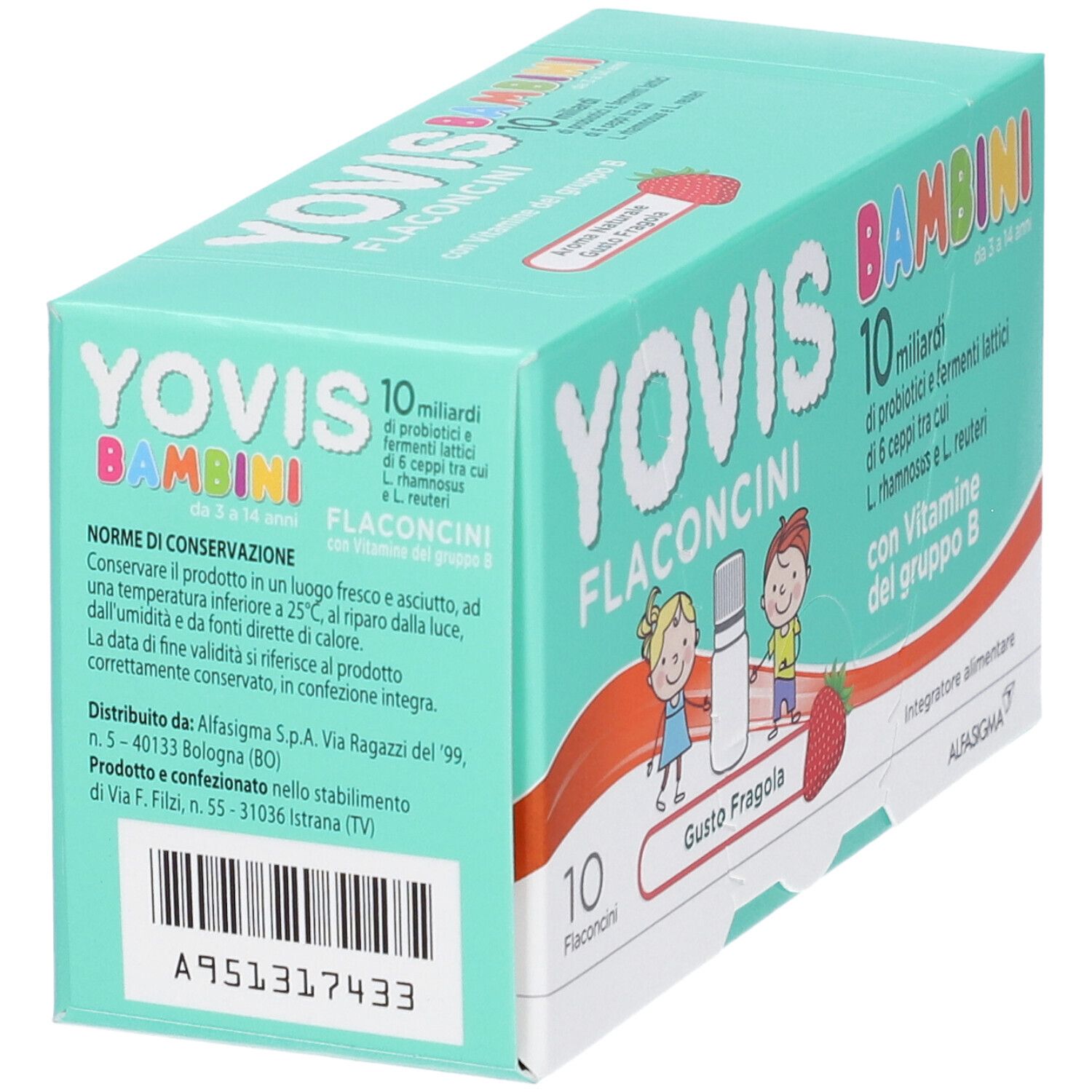 Scatola di YOVIS BAMBINI, vista laterale. Contiene probiotici e vitamina B. Testo sugli ingredienti.