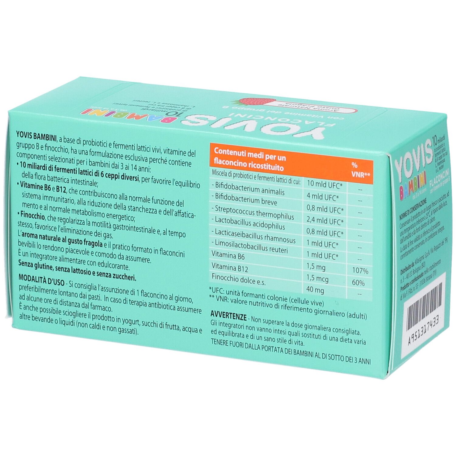 Scatola di YOVIS BAMBINI. Retro con informazioni sugli ingredienti e valori nutrizionali. Probiotici.