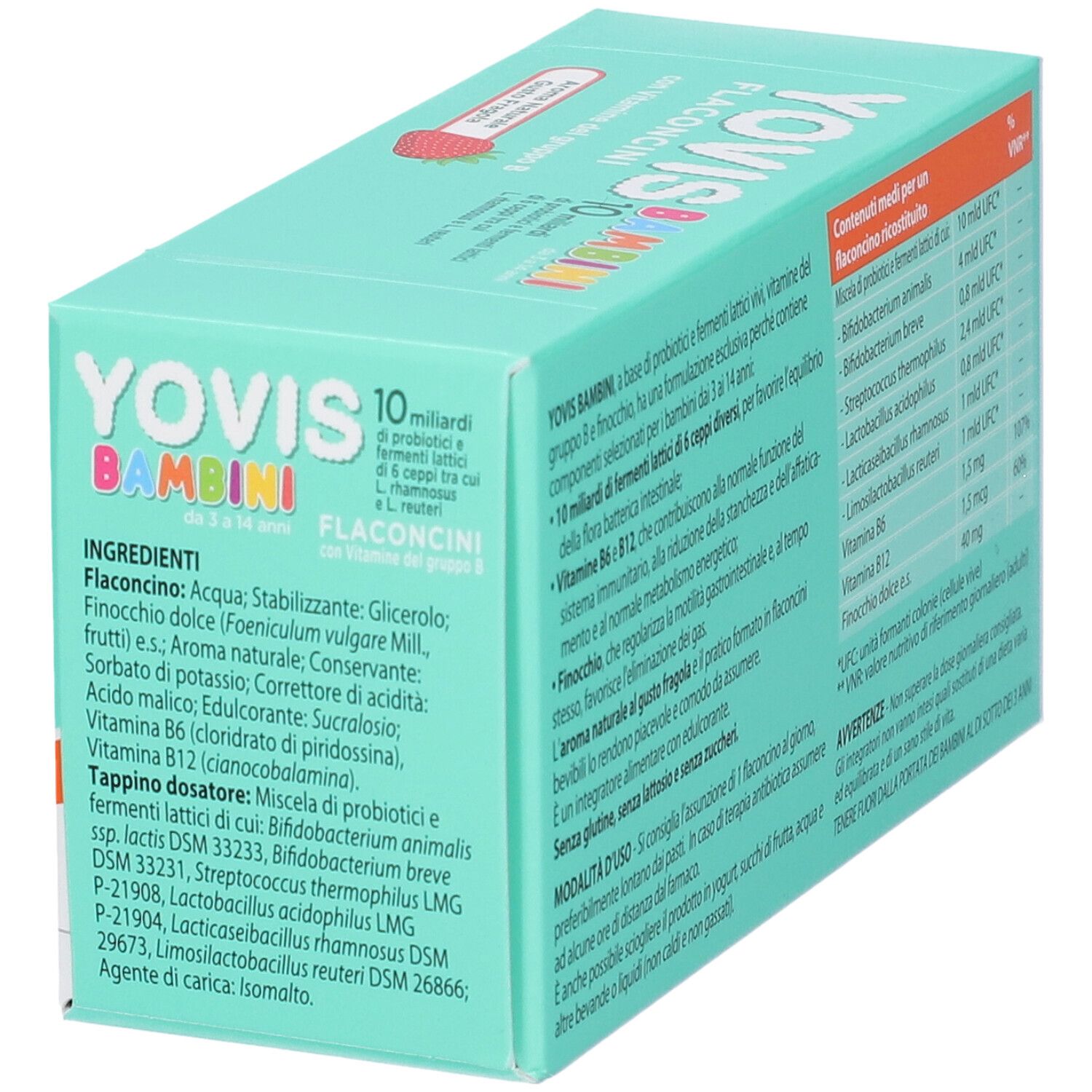 Scatola di YOVIS BAMBINI. Dettaglio degli ingredienti. Contiene probiotici e vitamina B.
