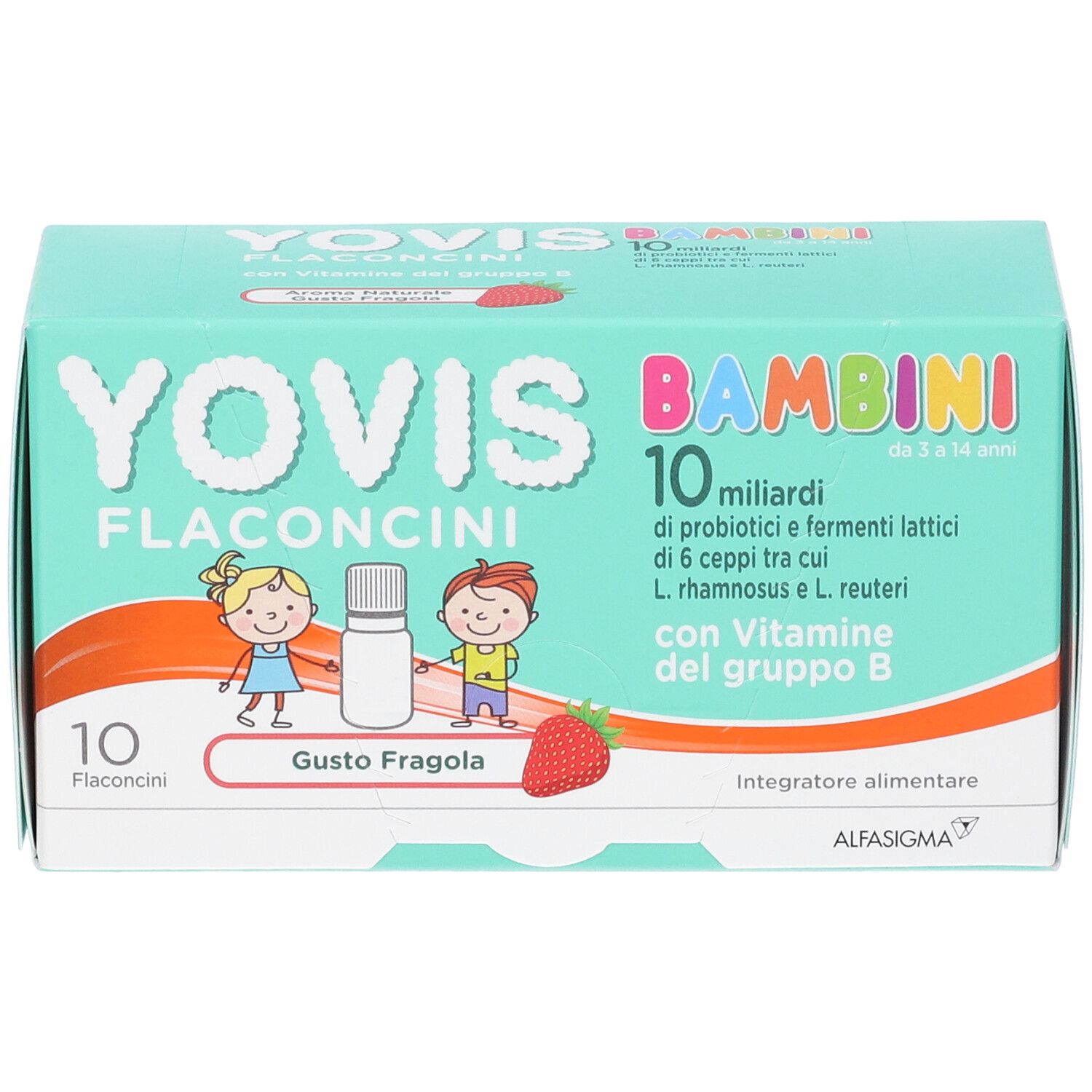 Scatola di YOVIS BAMBINI. Scritto: 10 flaconcini, gusto fragola. Contiene probiotici e vitamina B.