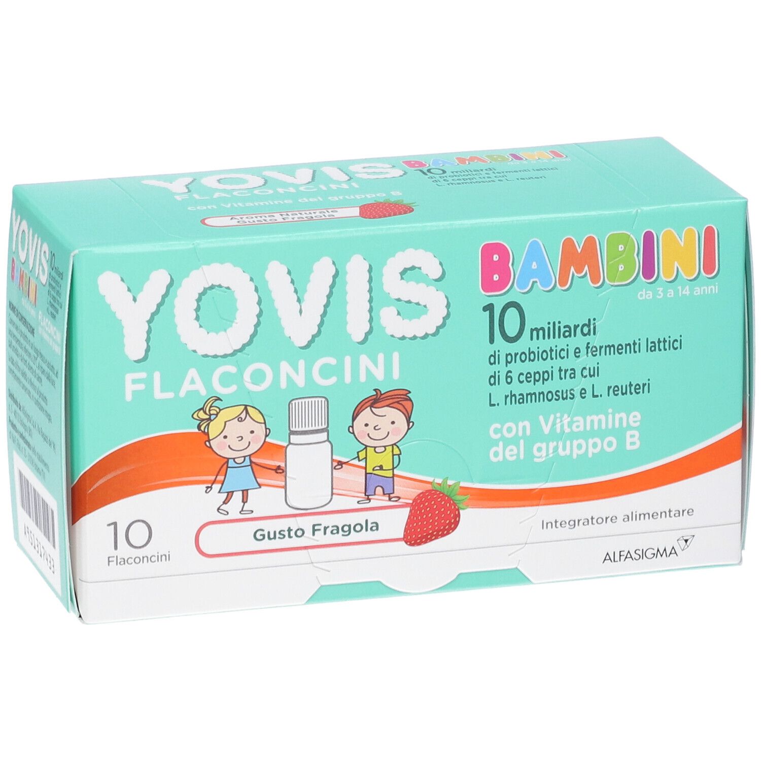 Scatola di YOVIS BAMBINI. Scritto: 10 flaconcini, gusto fragola. Contiene probiotici e vitamina B.