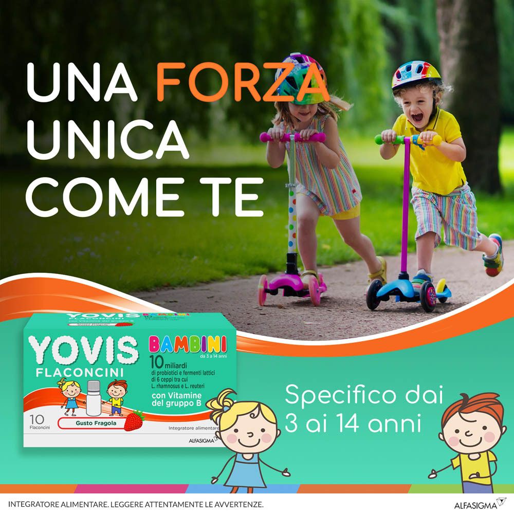 Bambini in monopattino. Confezione Yovis Bambini con testo. Specifico per bambini dai 3 ai 14 anni.