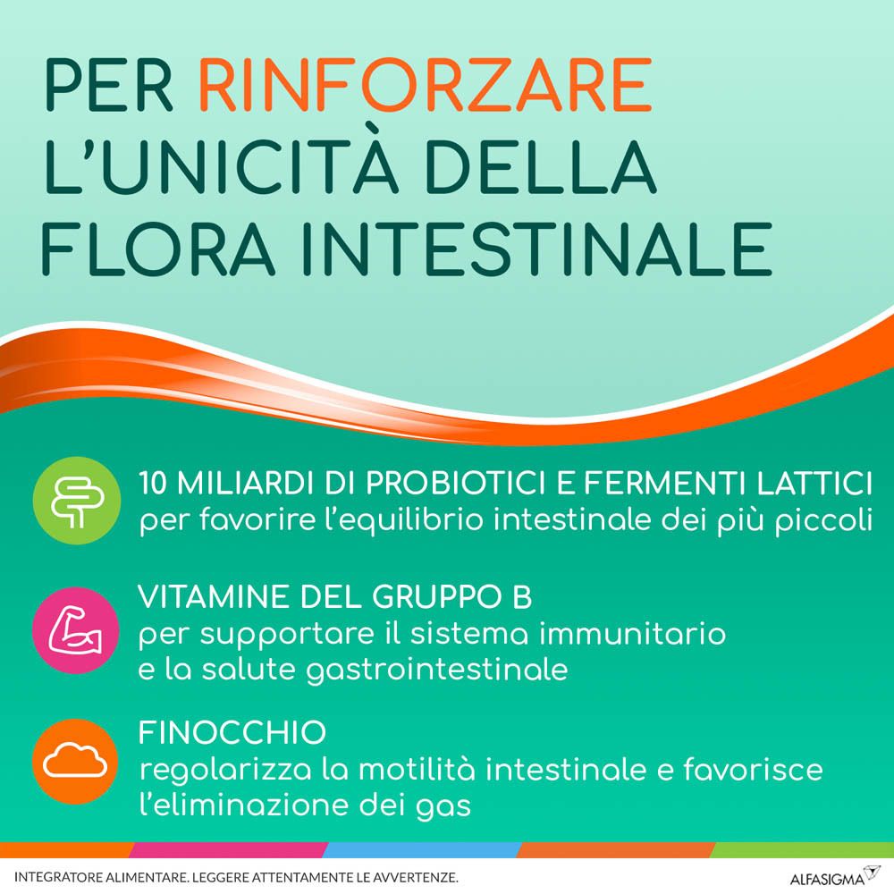 Testo su probiotici e vitamine. Yovis Bambini per la flora intestinale. Contiene 10 miliardi di probiotici.