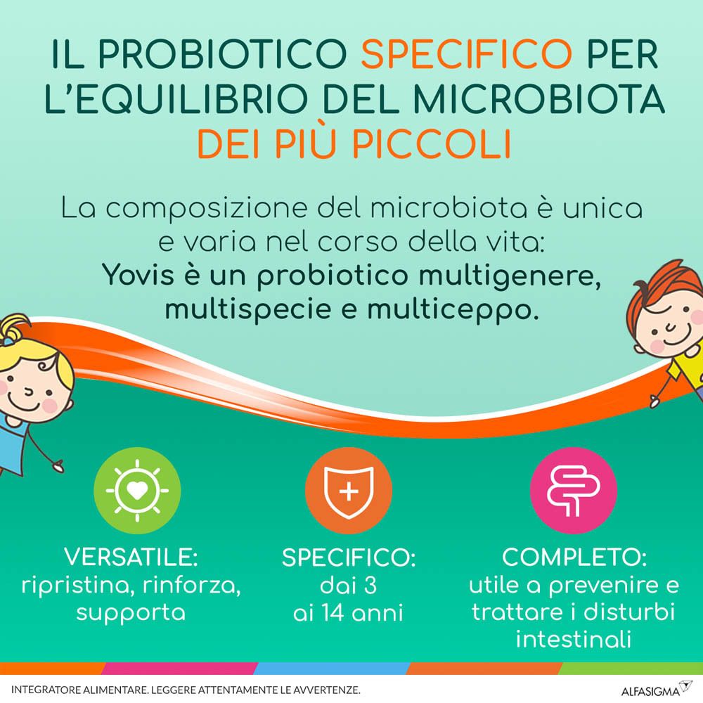 Confezione Yovis Bambini. Contiene 10 flaconcini. Gusto fragola. Per bambini dai 3 ai 14 anni.