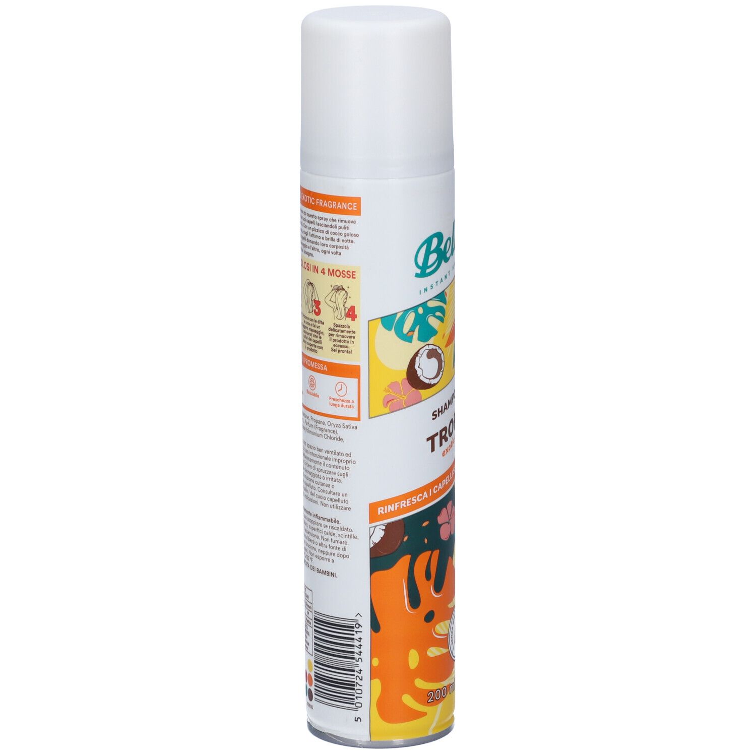 Retro della bomboletta con istruzioni in 4 passaggi. Testo: Sunfresca i capelli senza risciacquo. Ingredienti e avvertenze.
