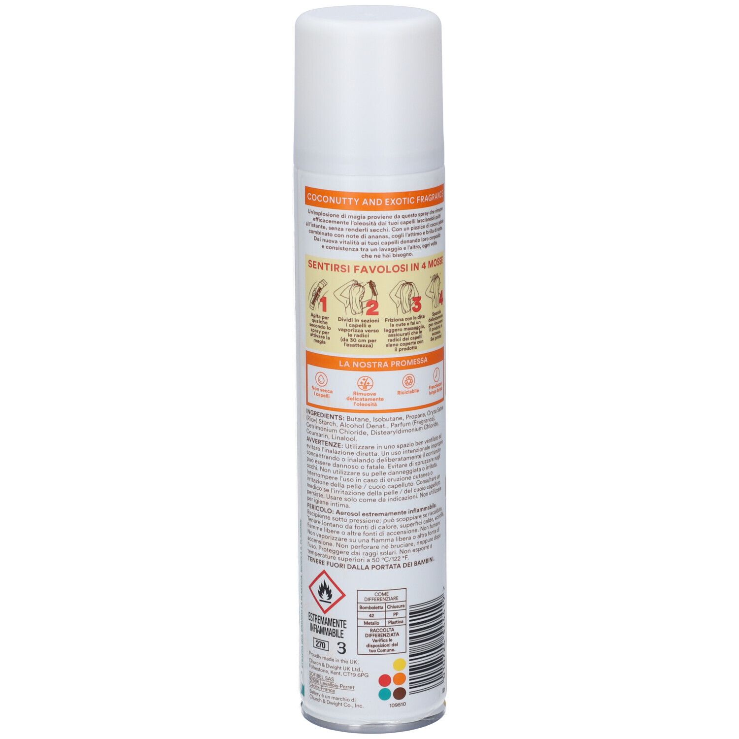 Retro della bomboletta con testo e pittogrammi. Avvertenze e informazioni sull'uso. Contiene 150 ml.