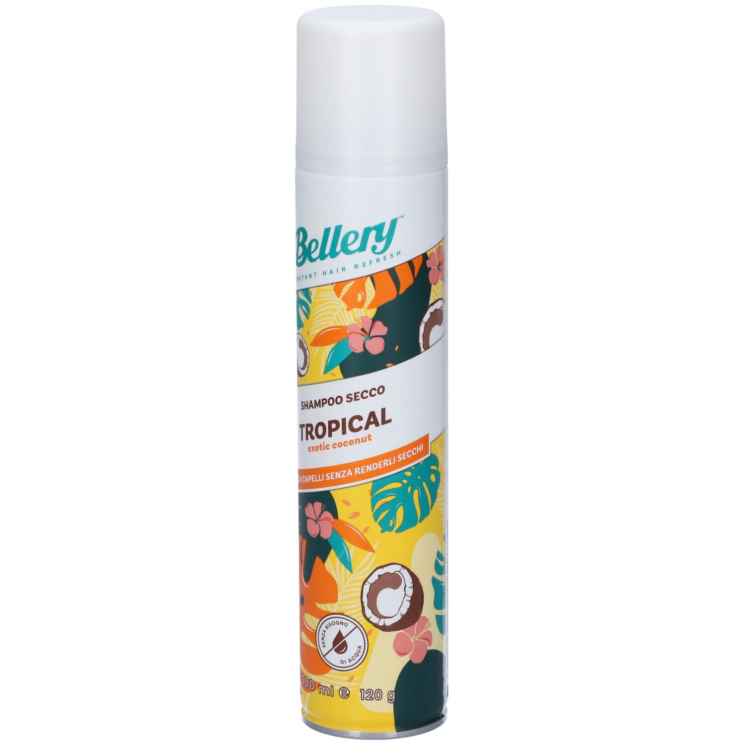 Flacone spray bianco con logo Bellery e scritta Shampoo Secco Tropical. Design tropicale con cocco. Capacità 150 ml.