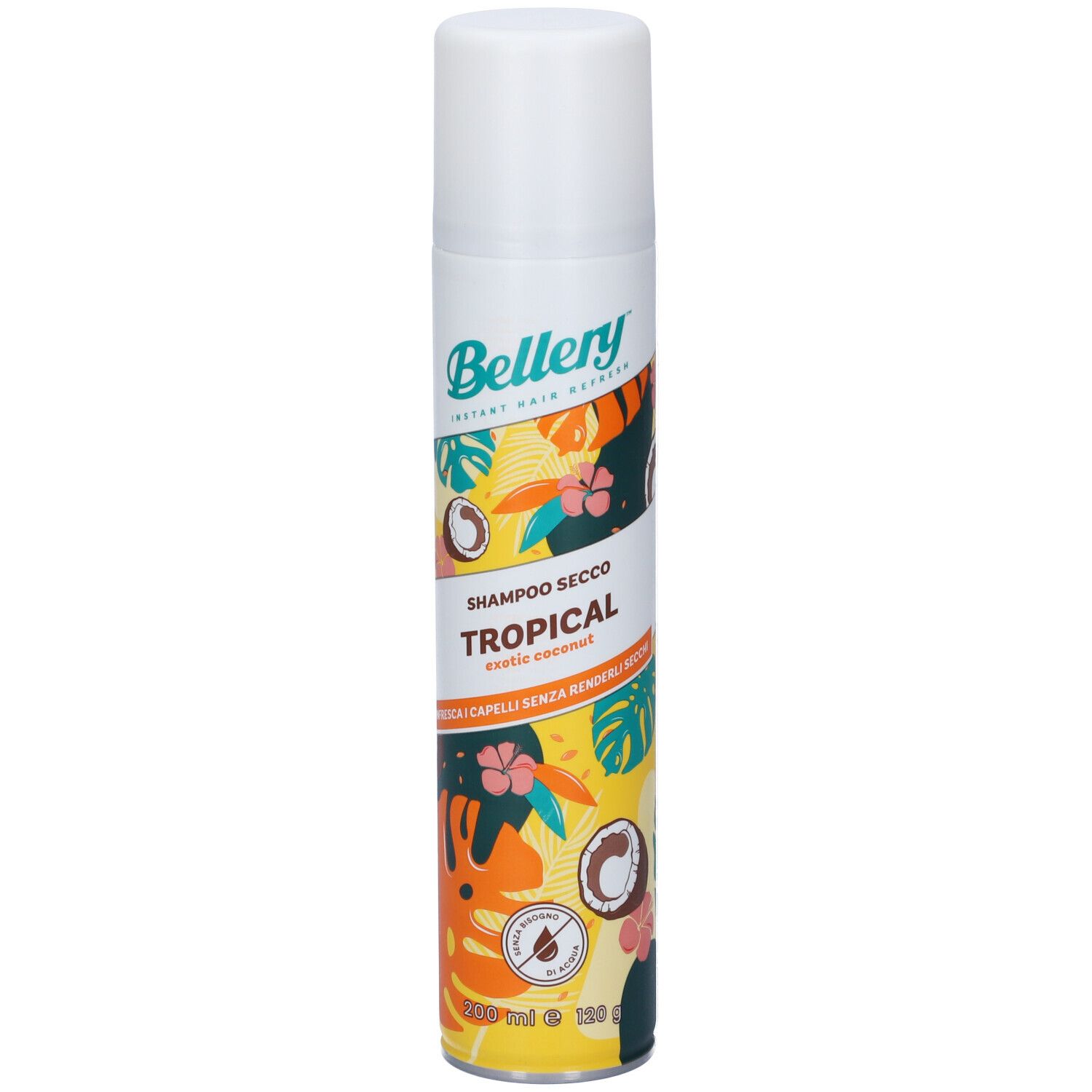 Flacone spray bianco con logo Bellery e scritta Shampoo Secco Tropical. Design tropicale con cocco. Capacità 150 ml.