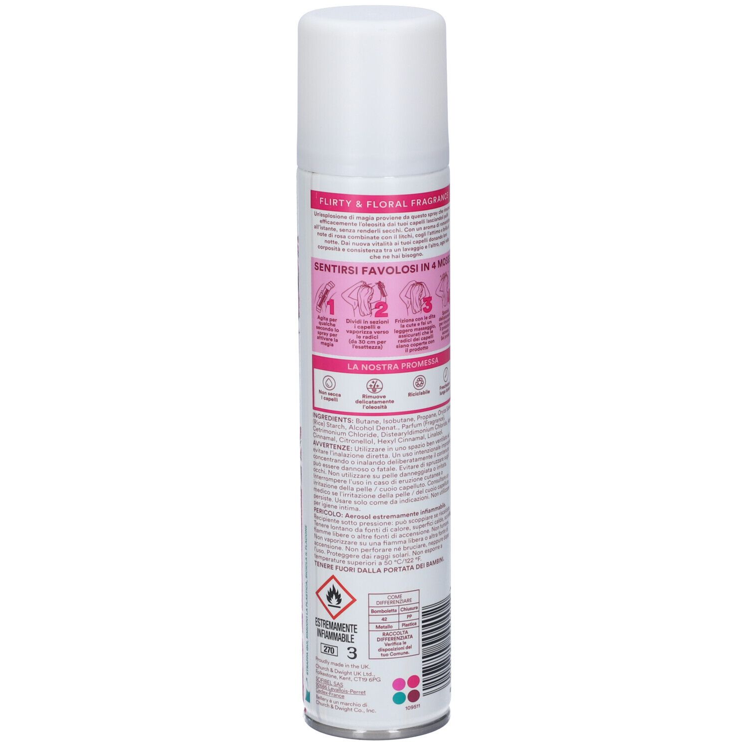 Retro della bomboletta Bellery Shampoo Secco Blush. Testo e illustrazioni. Istruzioni per l'uso e avvertenze.