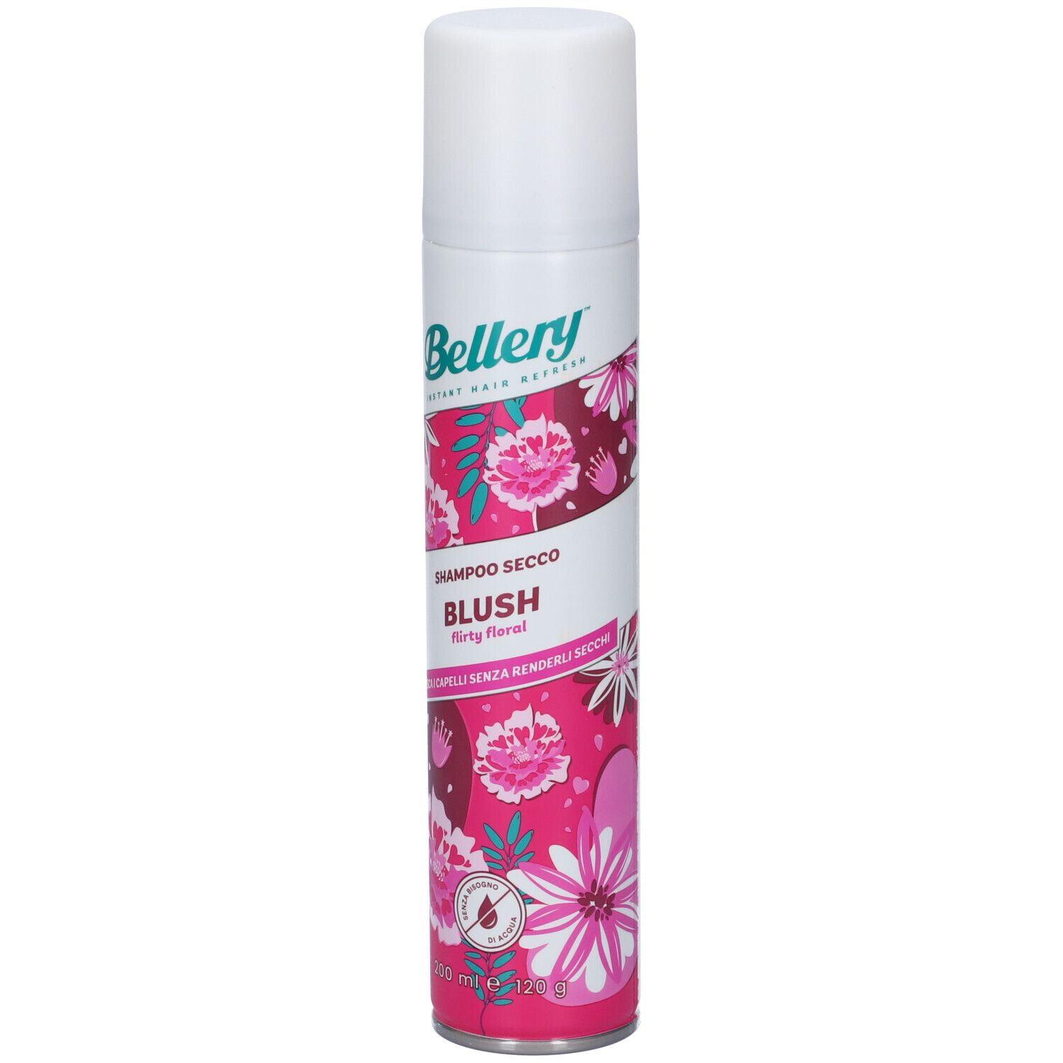 Bellery Shampoo Secco Blush. Bomboletta spray con tappo bianco. Motivo floreale rosa. Testo: Shampoo Secco Blush, 200 ml.