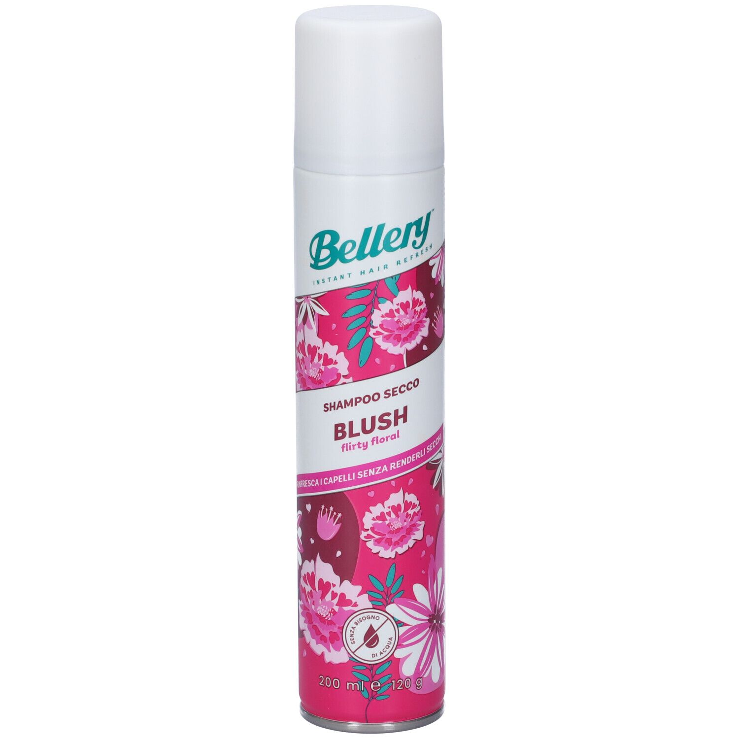 Bellery Shampoo Secco Blush. Bomboletta spray con tappo bianco. Motivo floreale rosa. Testo: Shampoo Secco Blush, 200 ml.