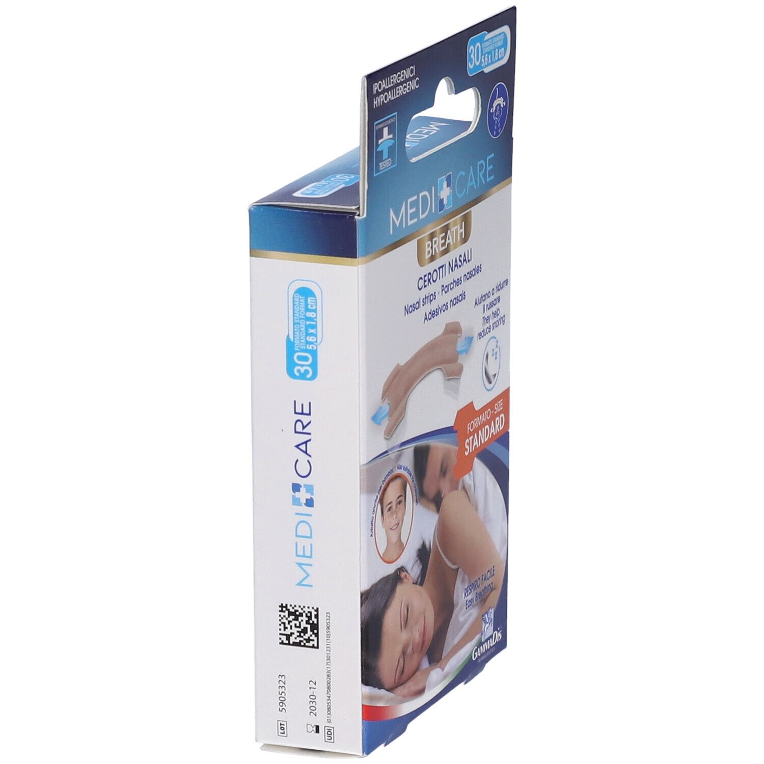 Vista laterale della confezione MEDICARE. Contiene cerotti nasali. Aiuta a respirare. Ipoallergenico.