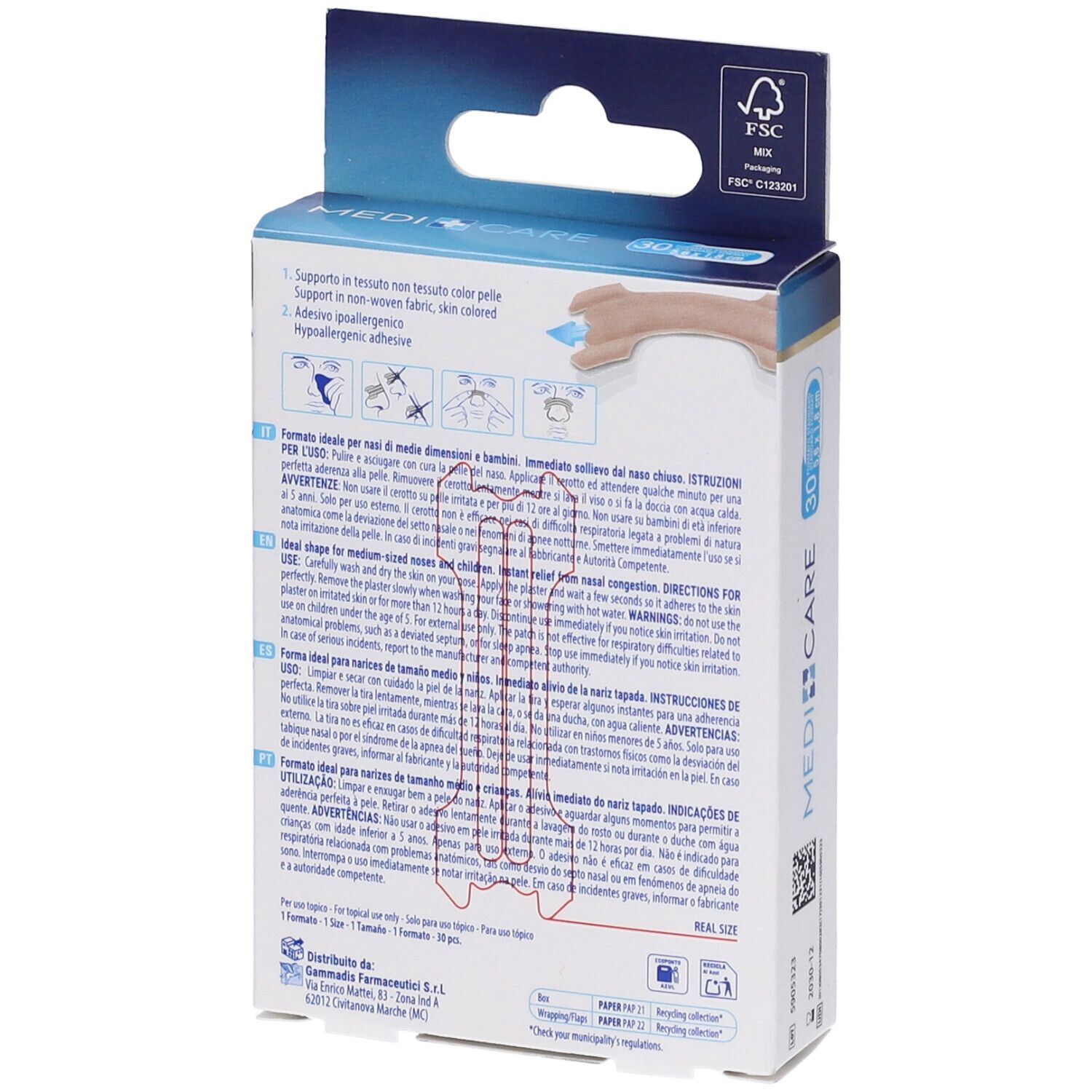 Retro della confezione MEDICARE. Istruzioni e informazioni sui cerotti nasali.