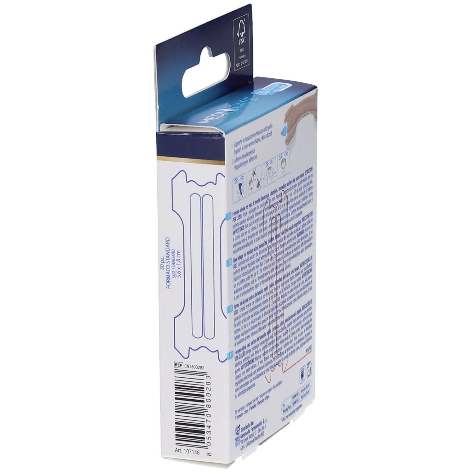 Vista laterale della confezione MEDICARE. Mostra cerotti nasali. 30 pezzi, 5.6x1.8cm.