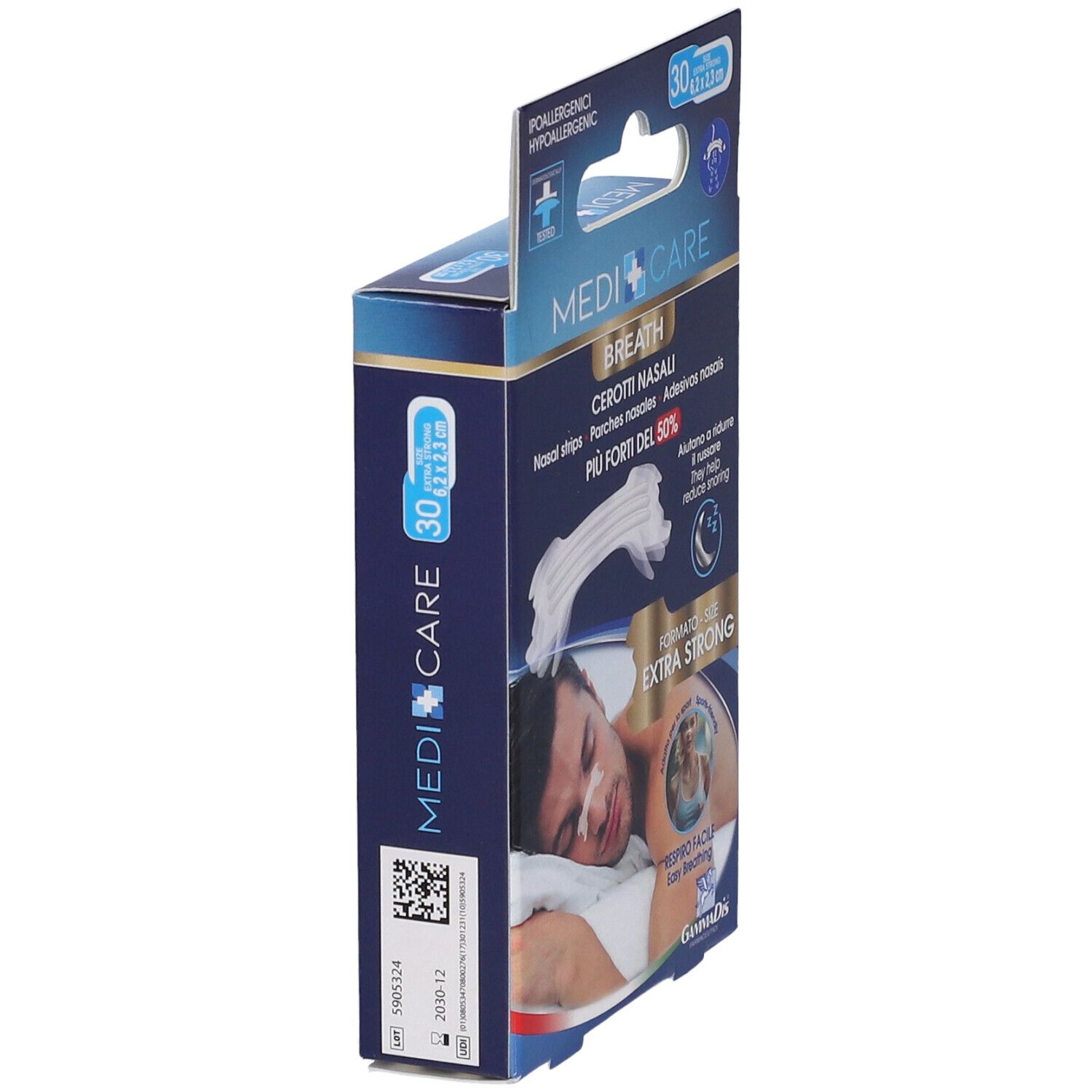 Vista laterale della confezione MEDICARE BREATH, cerotti nasali. Scritta: Cerotti Nasali, 30 pezzi. Immagine di uomo.