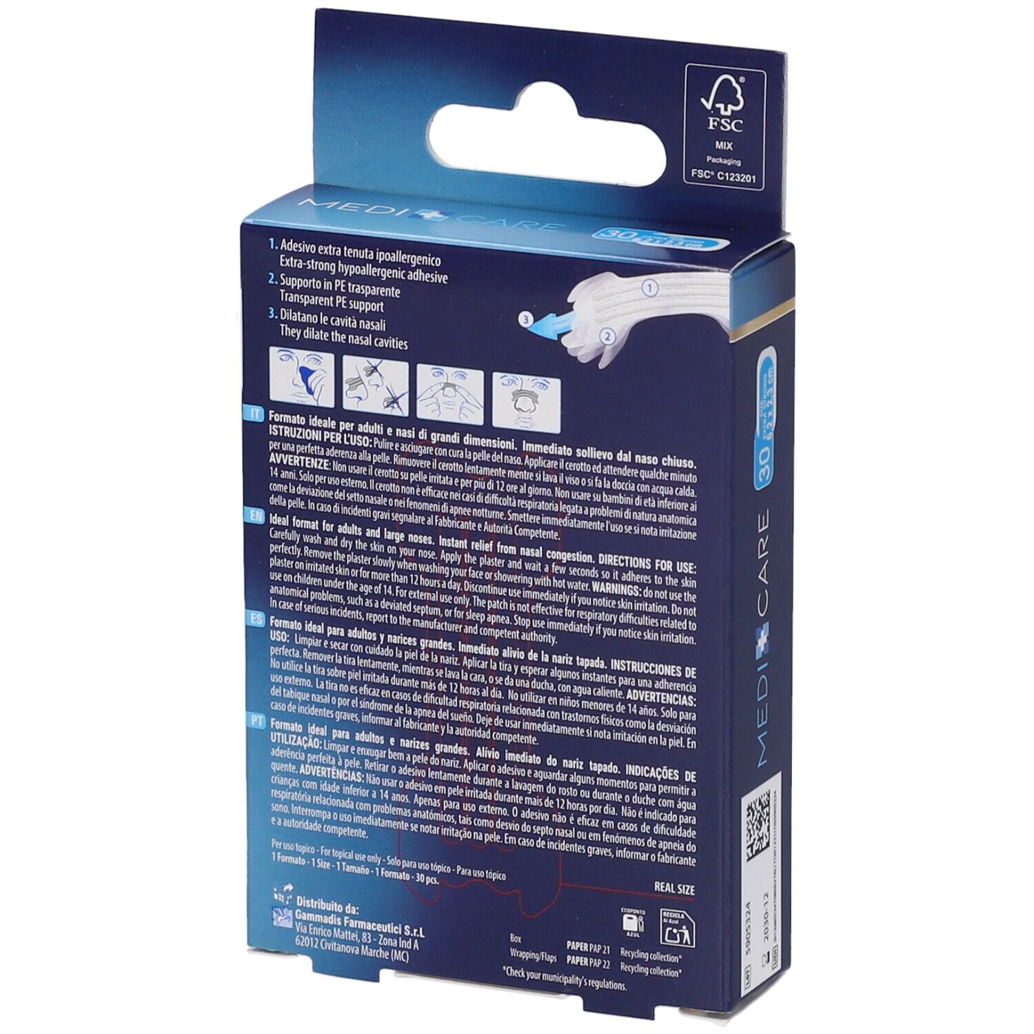 Retro della confezione di cerotti nasali. Testo: MEDICARE, istruzioni per l'uso, 30 pezzi. Certificazione FSC.
