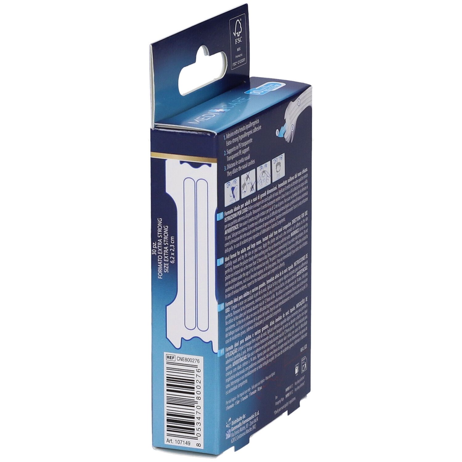 Vista laterale della confezione di cerotti nasali. Testo: EXTRA STRONG, 30 pezzi. Illustrazione dei cerotti.