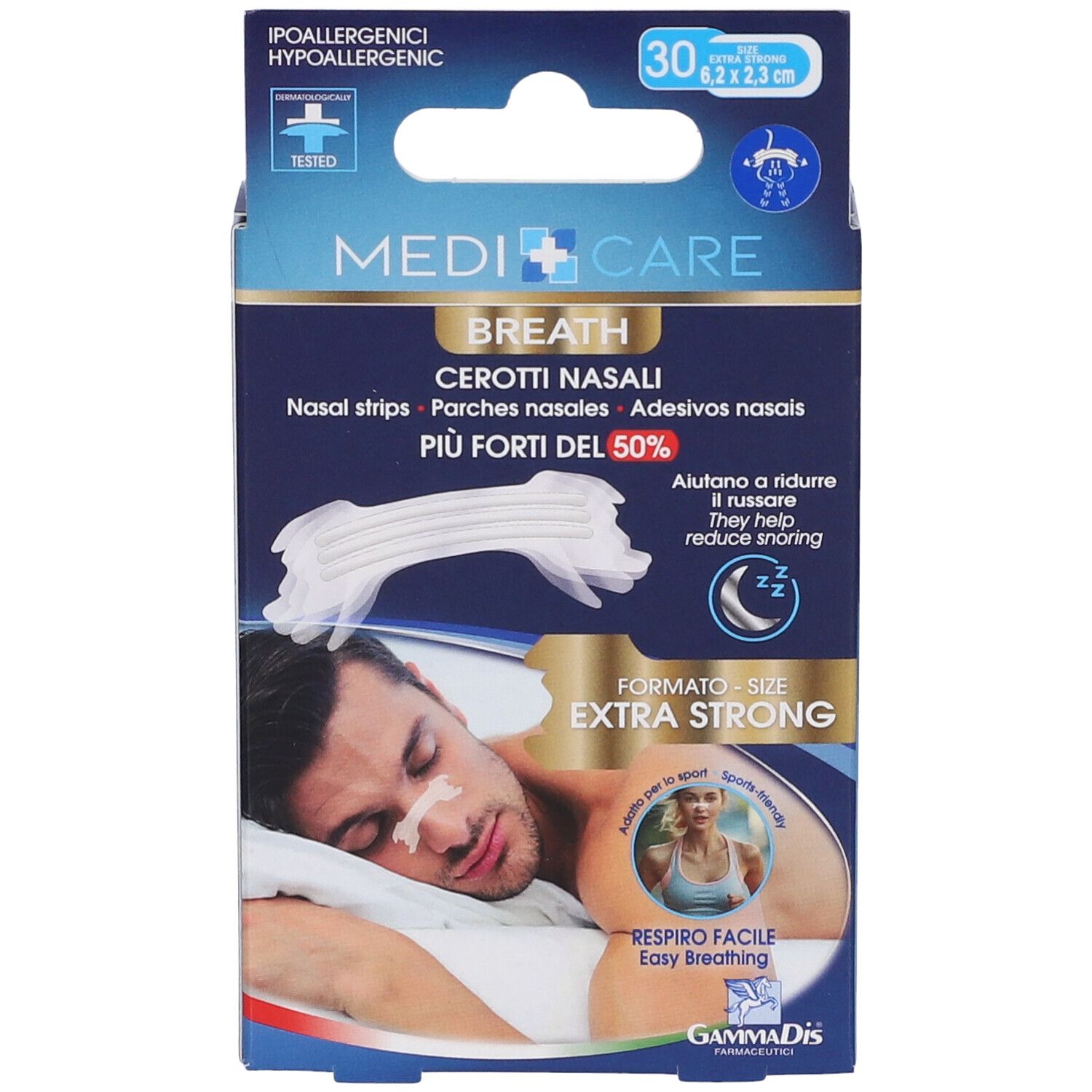 Confezione di cerotti nasali MEDICARE BREATH. Scritta: Cerotti Nasali, 30 pezzi. Immagine di uomo con cerotto.