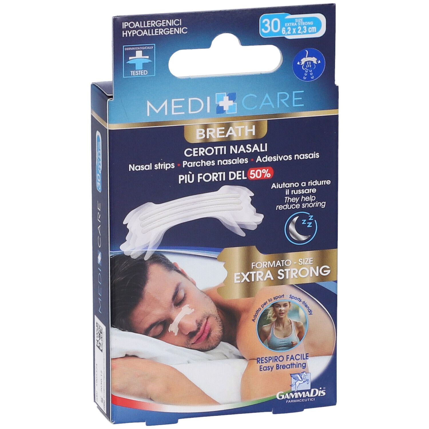 Confezione di cerotti nasali MEDICARE BREATH. Scritta: Cerotti Nasali, 30 pezzi. Immagine di uomo con cerotto.