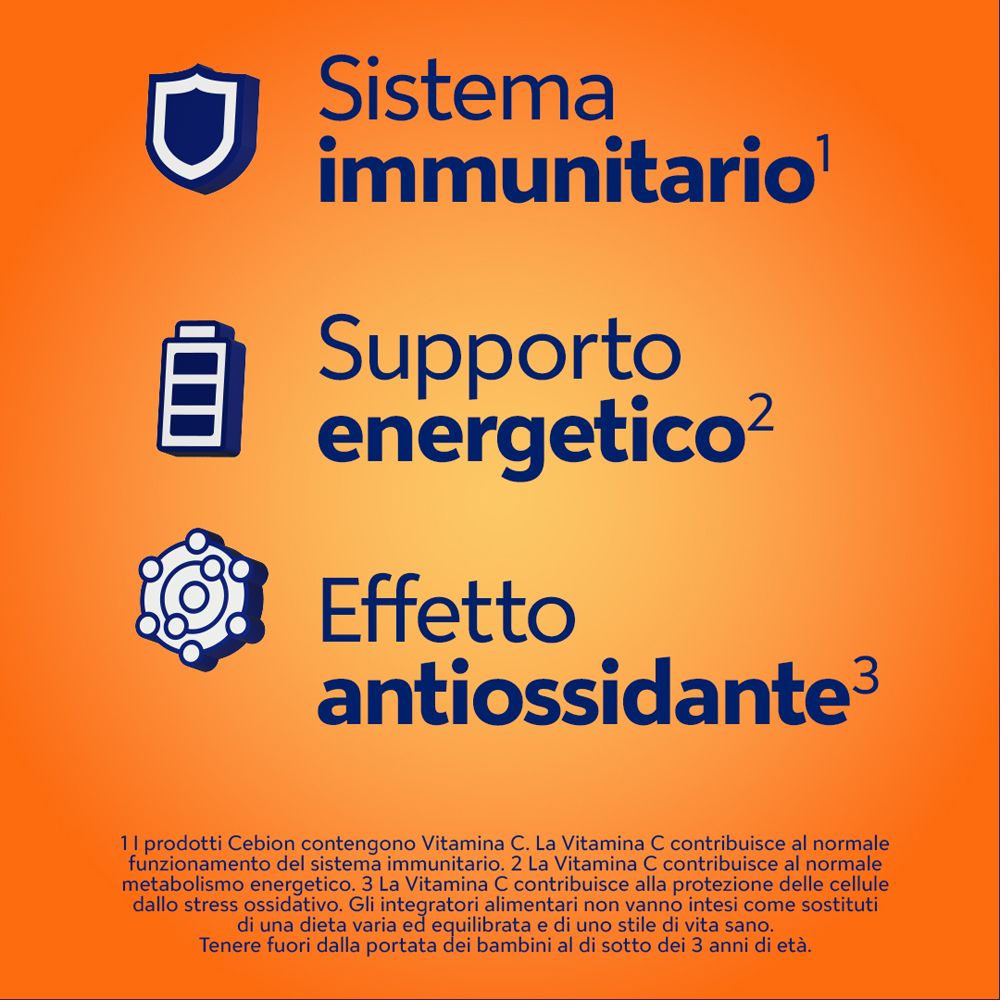 Sfondo arancione con testo e simboli. Testo: Sistema immunitario, Supporto energetico, Effetto antiossidante.