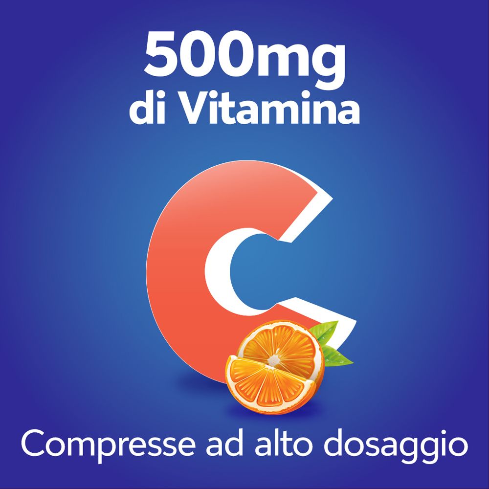 Sfondo blu con una grande C rossa e un'arancia tagliata. Testo: 500mg di Vitamina.