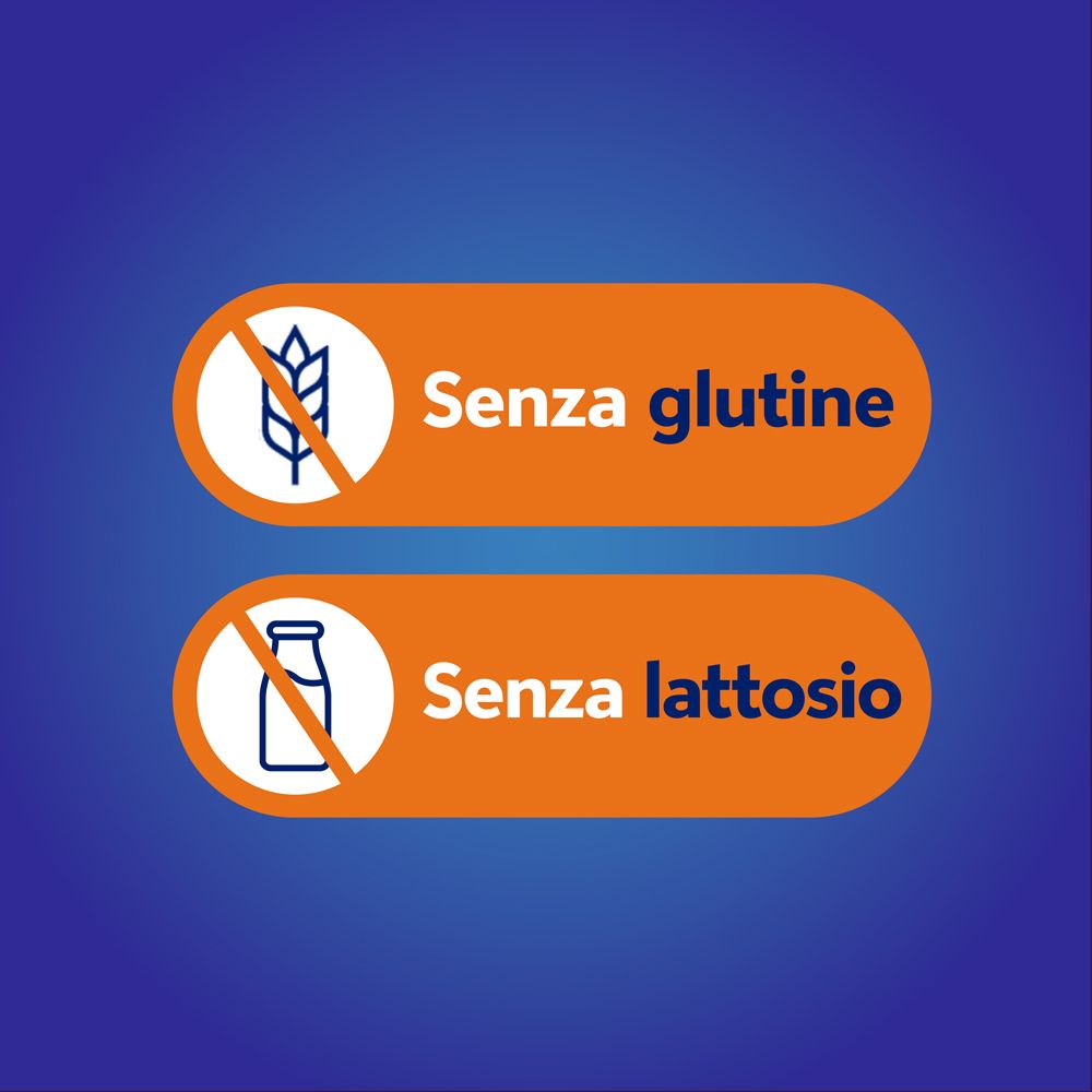 Due simboli ovali: Senza glutine e Senza lattosio.