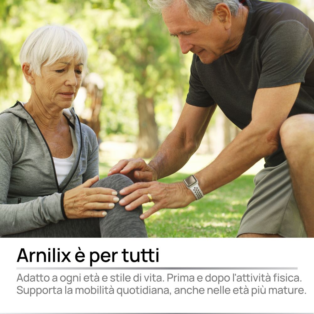 Coppia anziana. Uomo tocca il ginocchio della donna. Testo: 'Arnilix è per tutti'. Adatto a tutte le età.