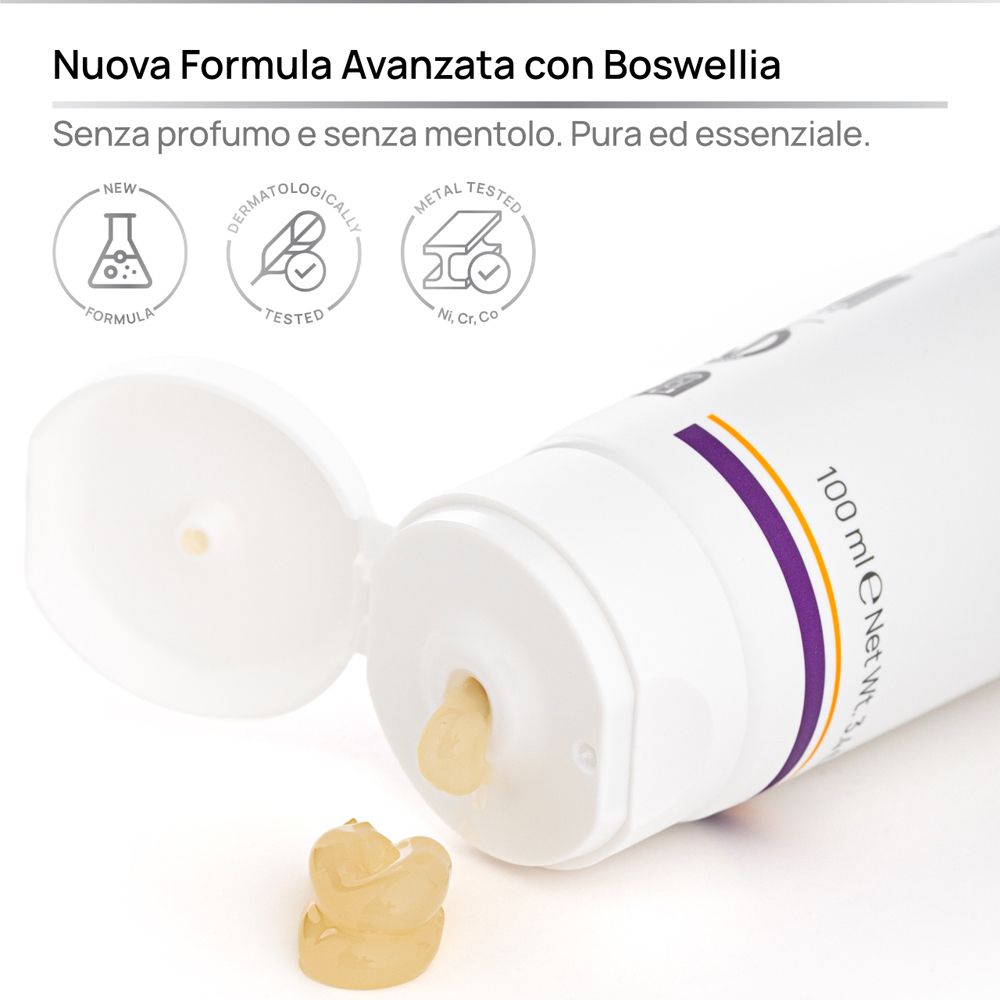 Tubo aperto. Gel viene spremuto. Testo: 'Nuova formula avanzata con Boswellia'.
