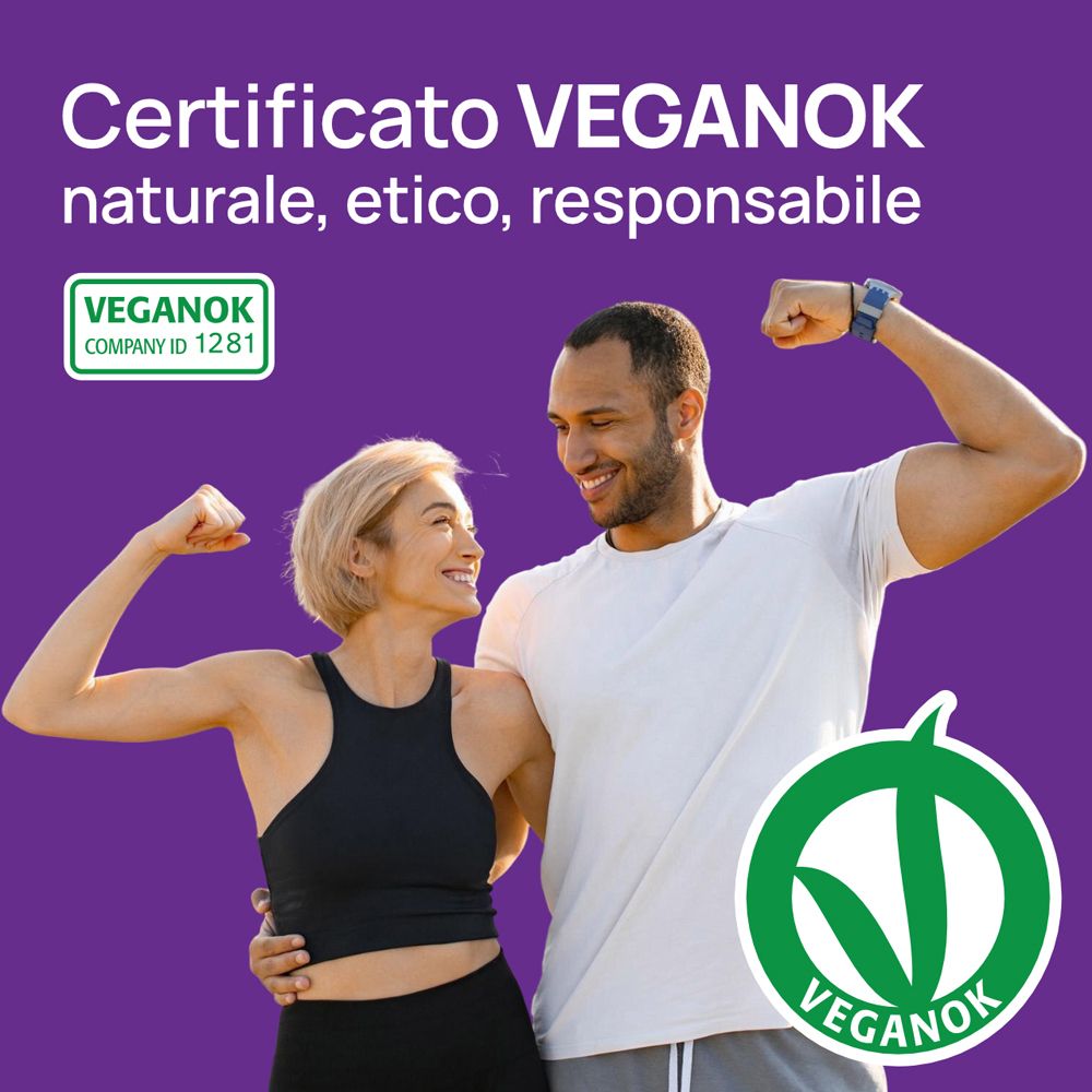 Coppia con muscoli. Certificato VeganOK. Testo: 'Naturale, etico, responsabile'.