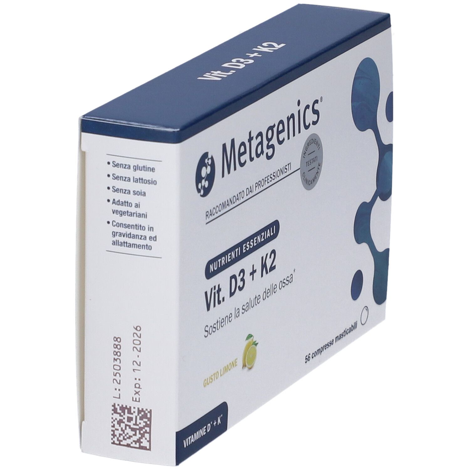 Scatola di Vitamina D3 + K2. Scritto: Metagenics. Contiene informazioni sugli ingredienti e la durata.