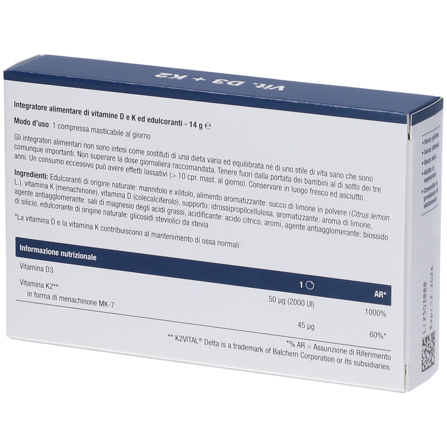 Retro della scatola di Vitamina D3 + K2. Contiene informazioni sugli ingredienti e i valori nutrizionali.