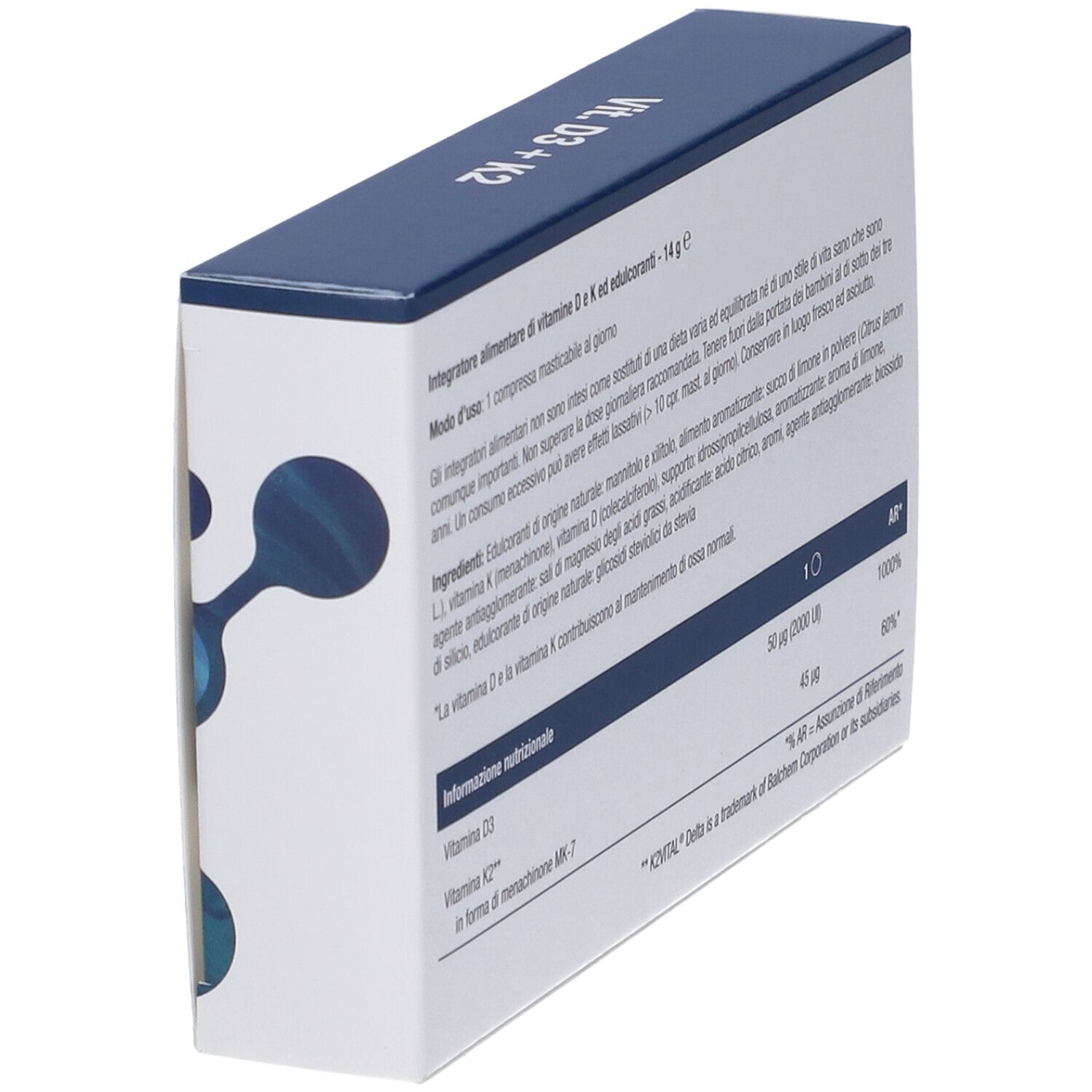 Scatola di Vitamina D3 + K2. Contiene informazioni sugli ingredienti e i valori nutrizionali.