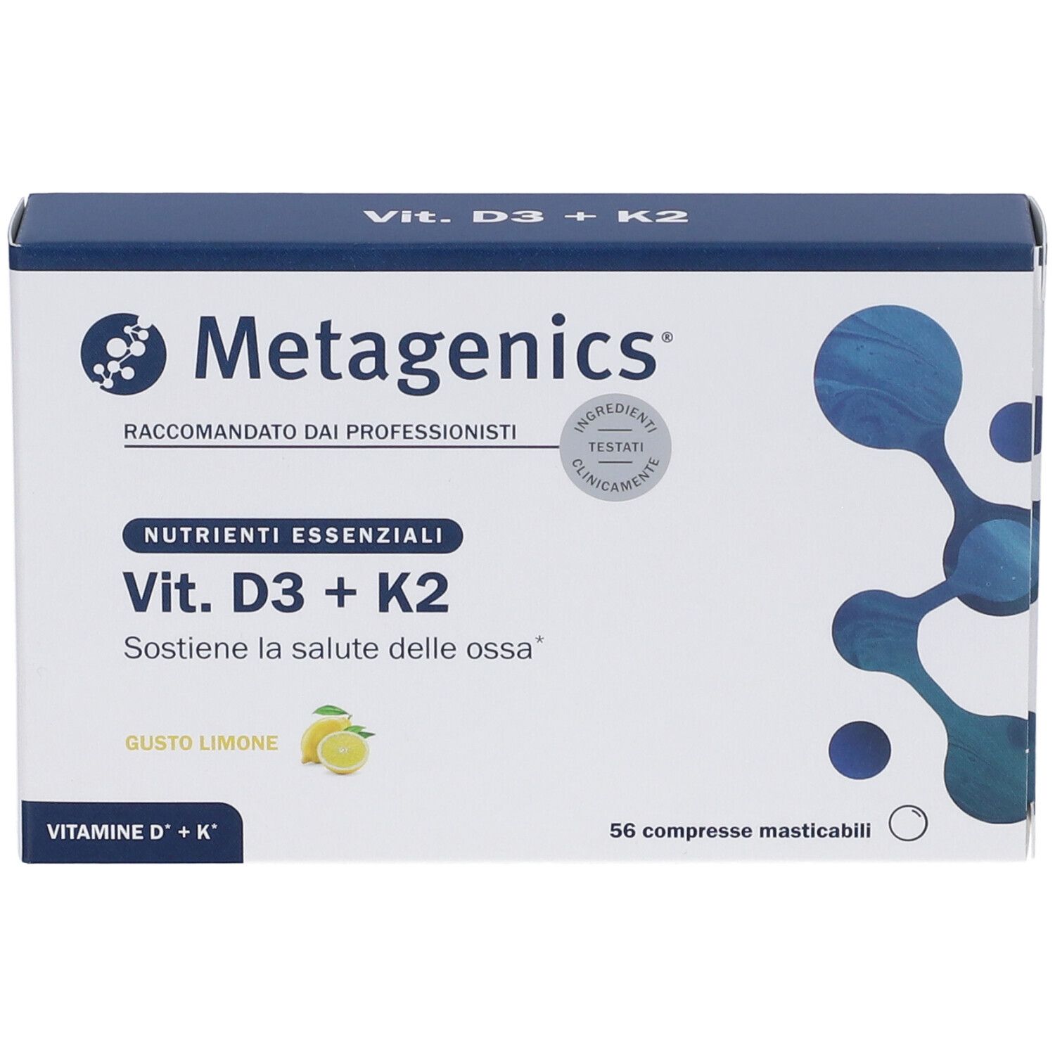 Scatola di Vitamina D3 + K2. Scritto: Metagenics, 56 compresse masticabili, gusto limone. Contiene Vitamina D* + K*.