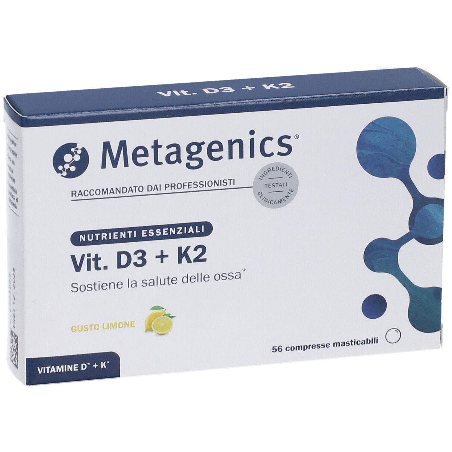Scatola di Vitamina D3 + K2. Scritto: Metagenics, 56 compresse masticabili, gusto limone. Contiene Vitamina D* + K*.